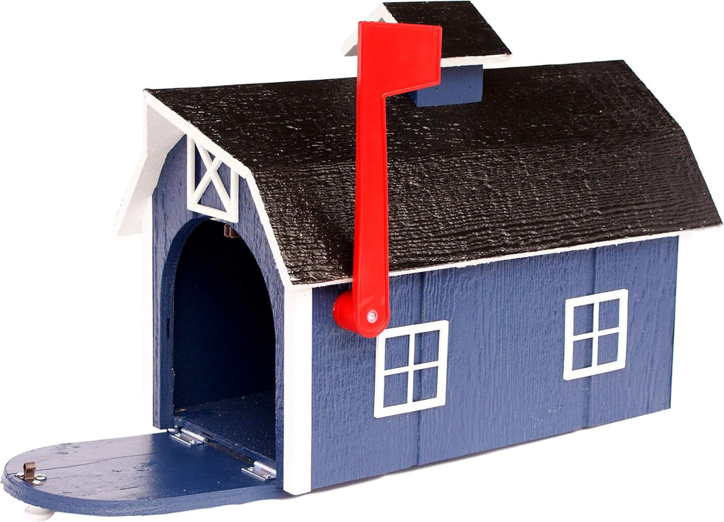 Deluxe Wooden Mailbox, Dutch Barn Style (Navy Blue with White Trim)