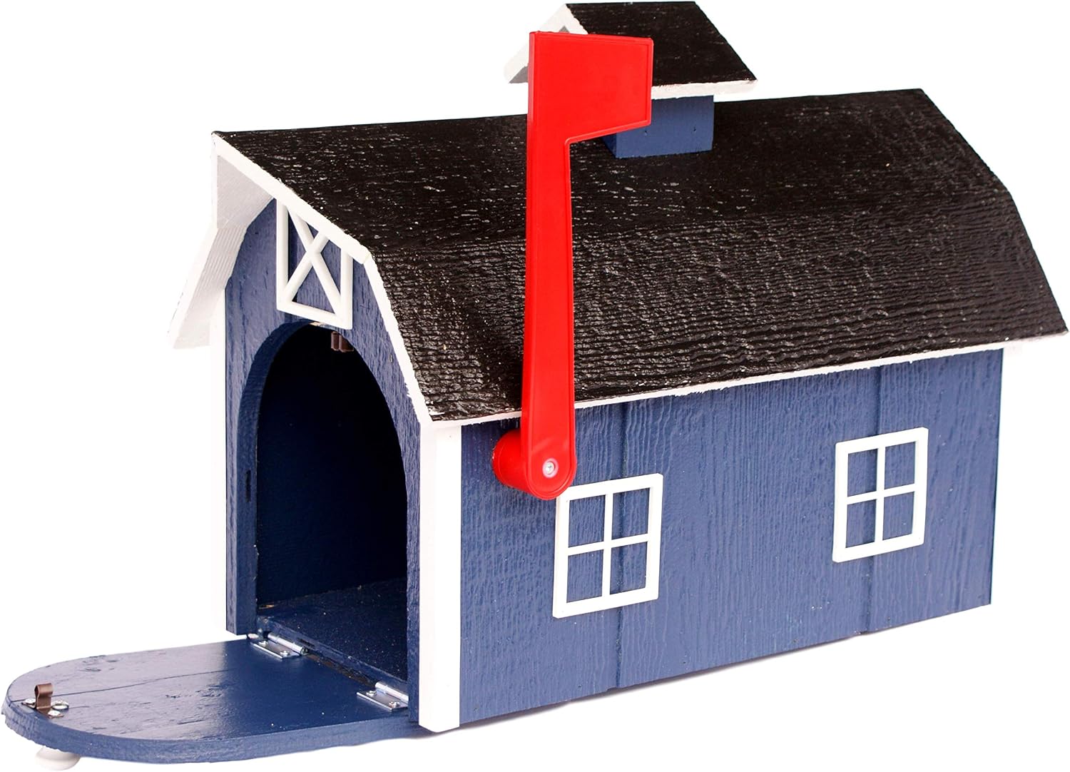Deluxe Wooden Mailbox, Dutch Barn Style (Navy Blue with White Trim)