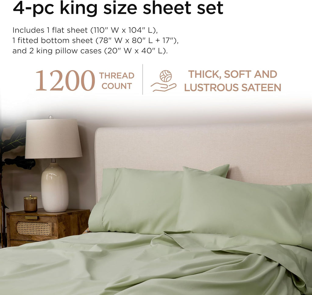 Threadmill Luxury Supima Cotton Sheets, 1200 Thread Count Soft 100% Cotton Sheets for King Size Bed, 4 Pc Sage Green King Bed Sheets Set, 5-Star Egyptian Hotel Quality with Elasticized Deep Pocket