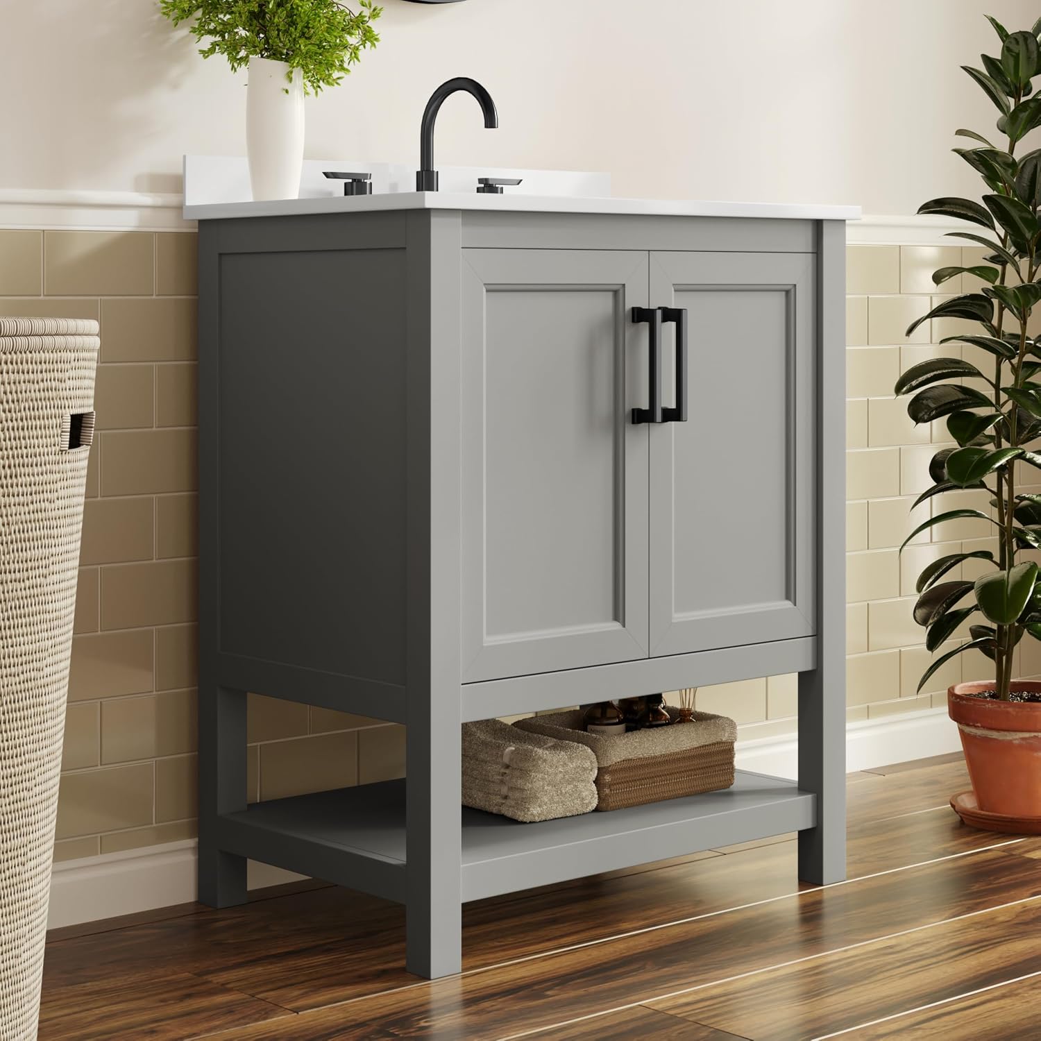 Flash Furniture Vega 30 Inch Bathroom Vanity with Sink Combo, Storage Cabinet with Soft Close Doors and Open Shelf, Carrara Marble Finish Countertop, Gray/White