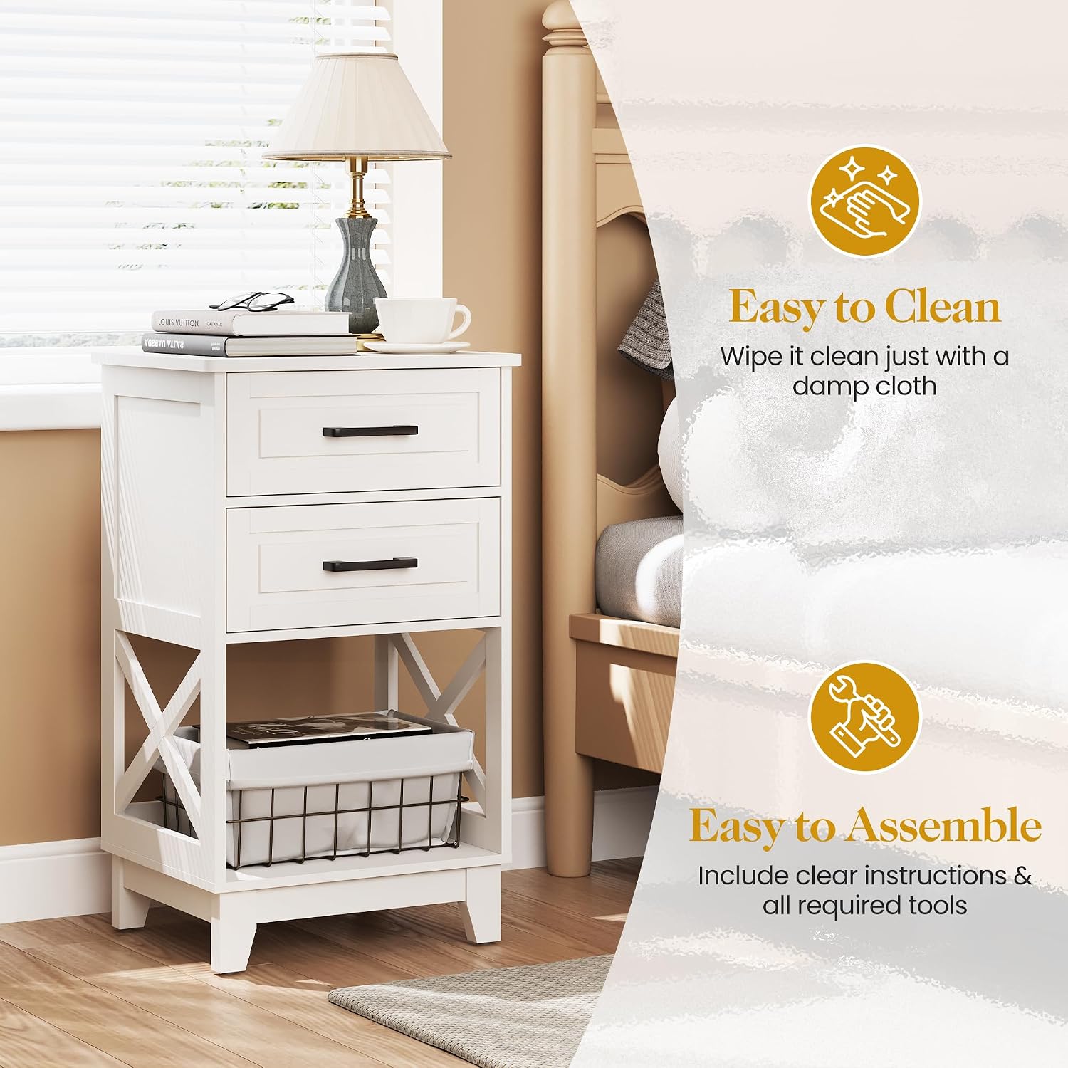 May in Color Nightstand Set of 2, 30' Tall Side Table with 2 Drawers and Open Shelf, Bedside Table with Solid Feet, Modern Night Stand End Table for Bedroom, Home Office, White