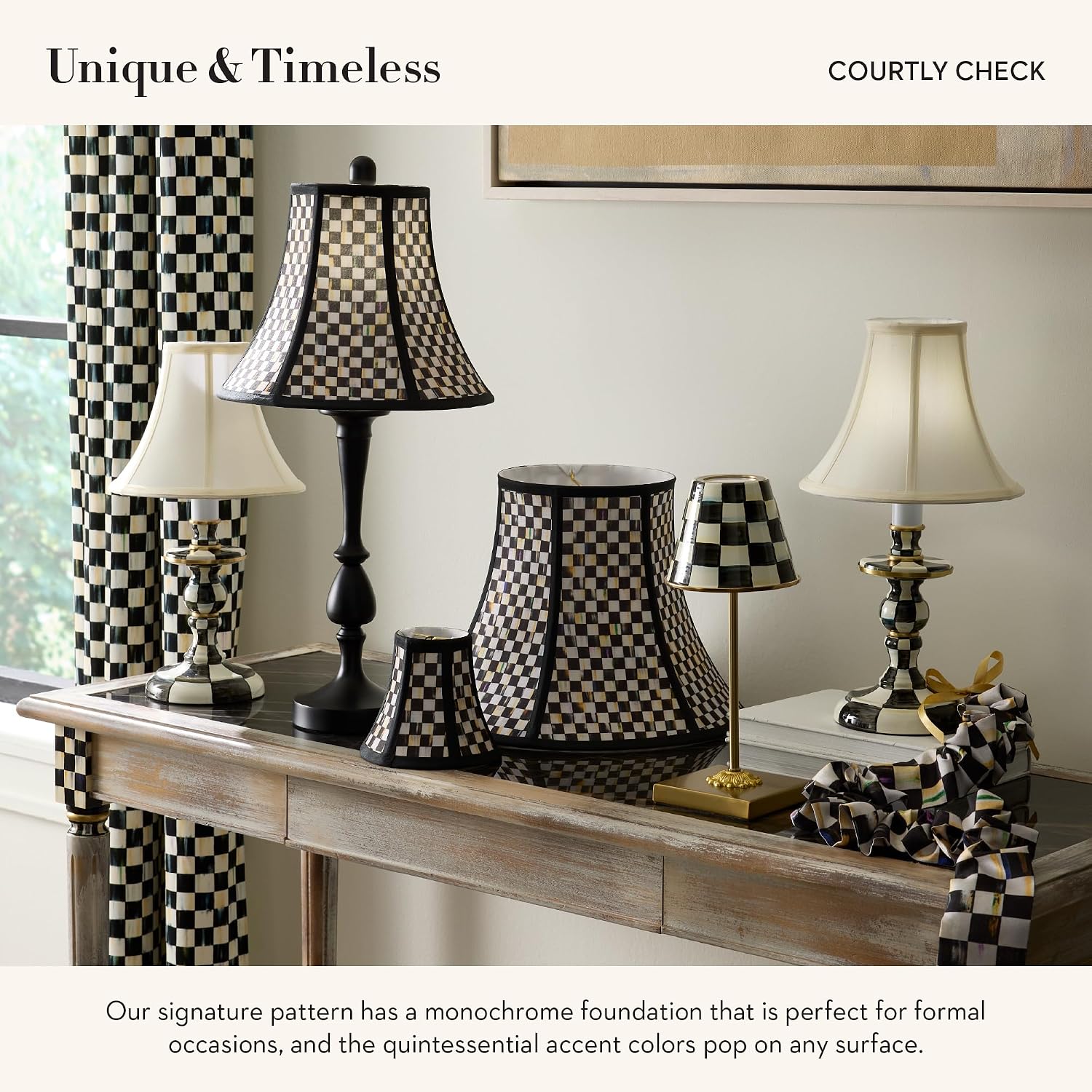 MACKENZIE-CHILDS Candlestick Lamp, Decorative Lamp for Living Room or Bedroom, Black-and-White Courtly Check