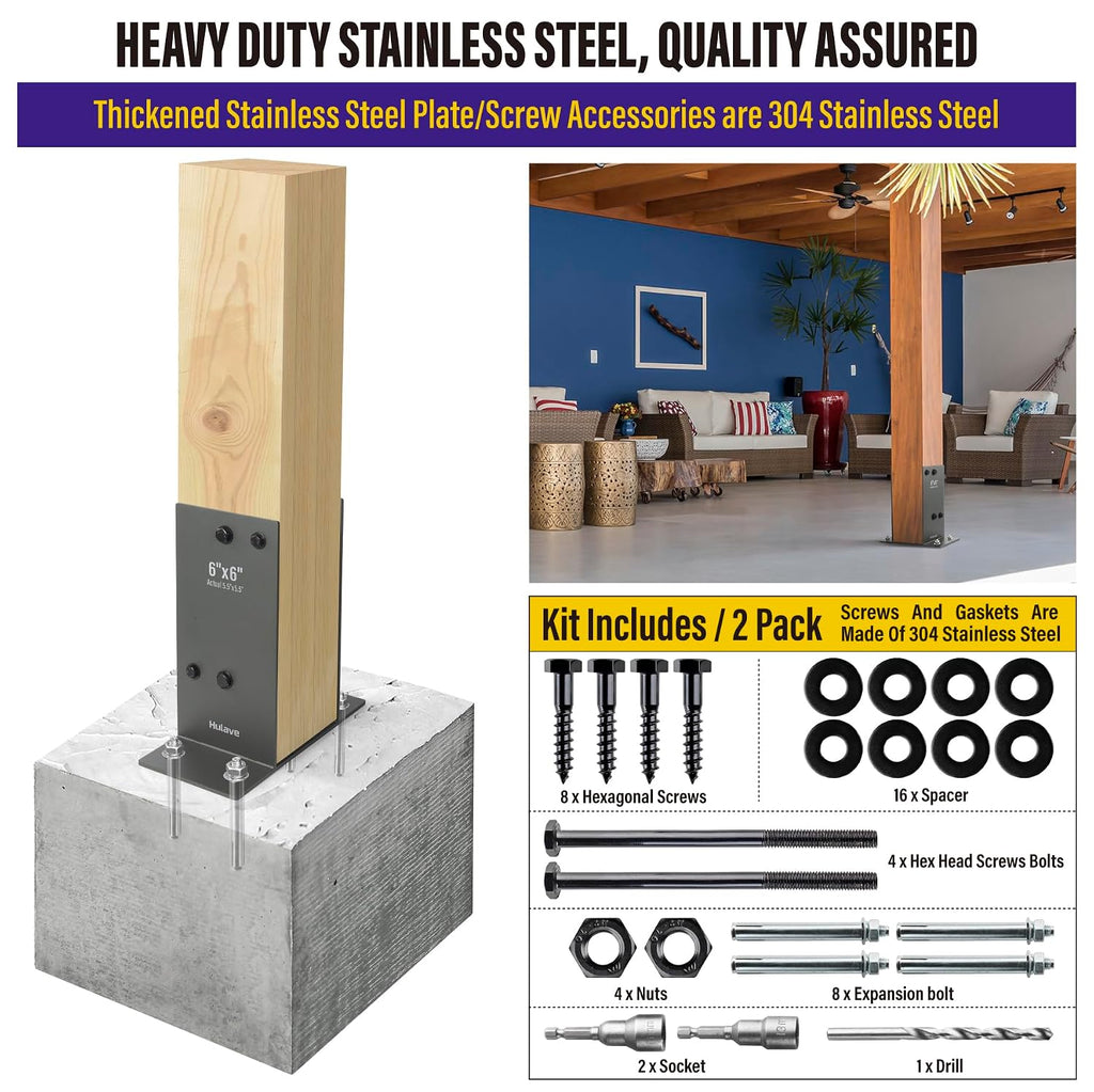 Hulave 2Pack Stainless Steel 6 x 6 (Actual: 5.5' x 5.5') Post Base, Suitable for Terrace Railing, Fence, Gazebo, Porch, etc Concrete Support Anchor Base Post Anchor Bracket (Dark Gray)