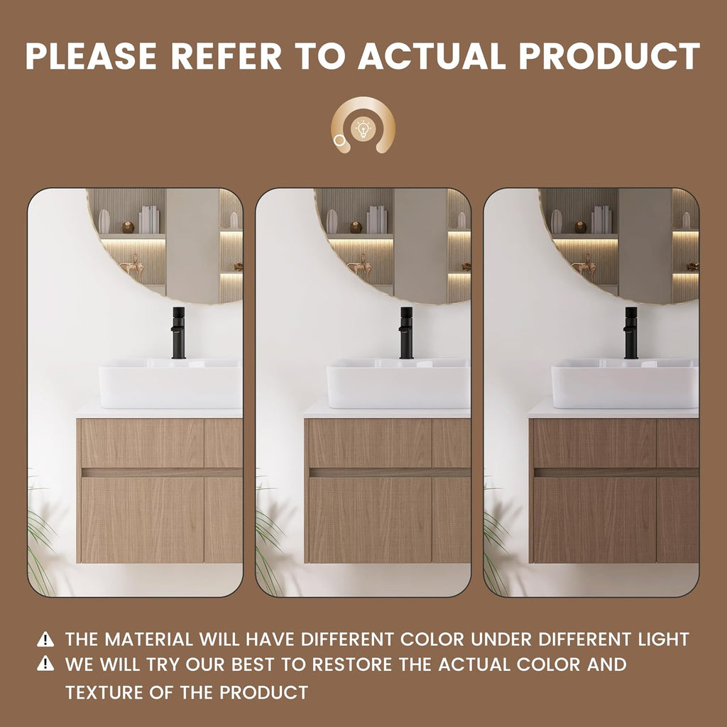 32 Inch Floating Bathroom Vanity with Sink, Modern Wall Mounted Cabinet, Ceramic Vessel Basin, 2 Soft Close Doors and 2 Drawer, Light Walnut
