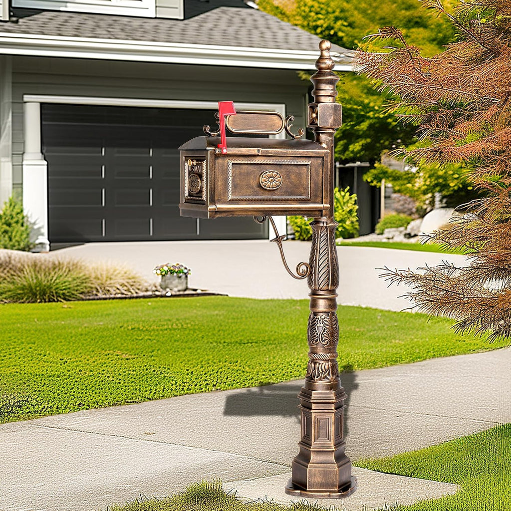 Large Metal Mailbox with Post for Outside Combo, Side Mount with Stand Outgoing Signal Flag & Address Plaque Heavy Duty Cast Aluminum Antique Bronze Vintange Mail Box Sturdy Base 22.4' x 9' x 62.6'H