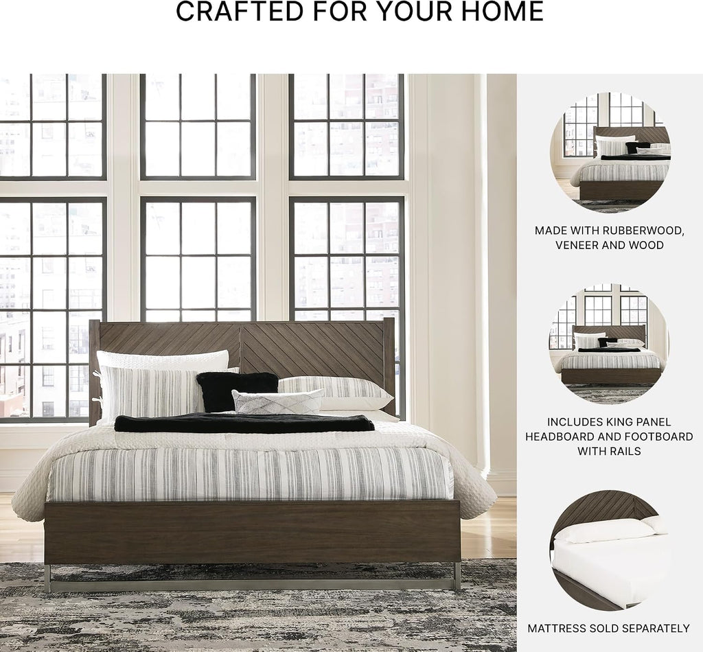 Signature Design by Ashley Arkenton Contemporary King Panel Bed with Dual USB Charging Ports, Foundation or Box Spring Needed, Dark Brown