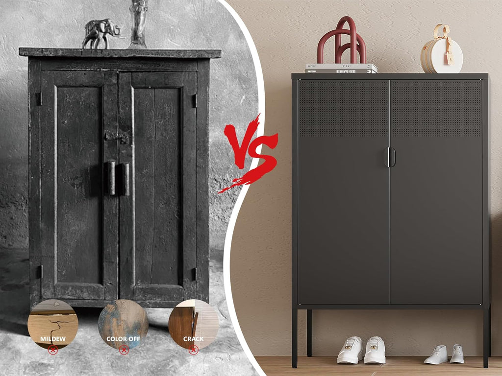 Black Metal Storage Cabinet,2 Door TV Stand, Metal Mesh Accent Cabinet,Magnetic Door Closure,Low Storage Cabinets with Doors and Shelf for Home,Office,Living Room