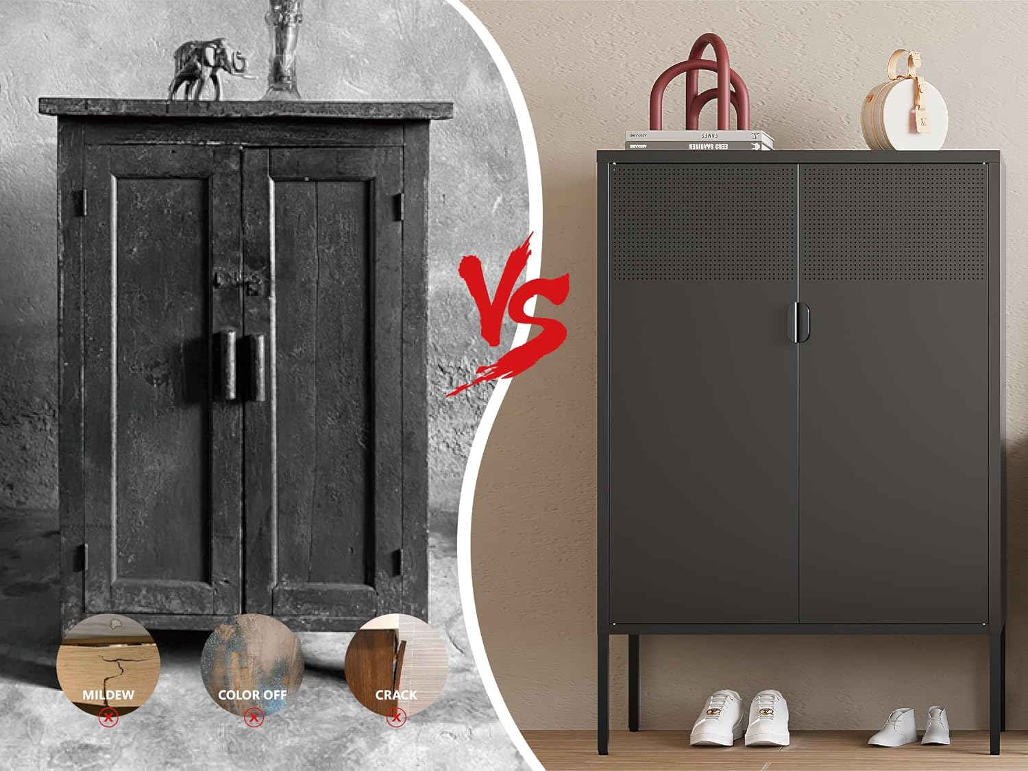 Black Metal Storage Cabinet,2 Door TV Stand, Metal Mesh Accent Cabinet,Magnetic Door Closure,Low Storage Cabinets with Doors and Shelf for Home,Office,Living Room