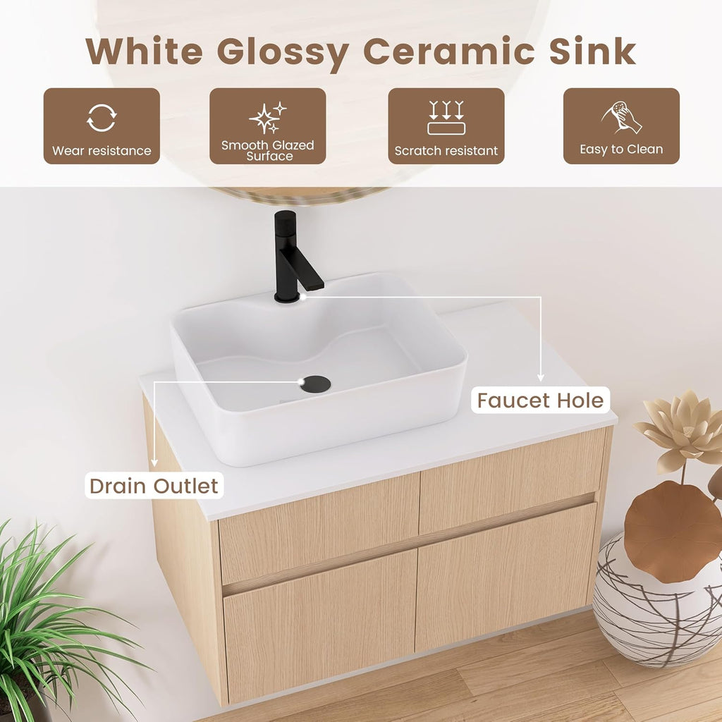 32 Inch Floating Bathroom Vanity with Sink, Modern Wall Mounted Cabinet, Ceramic Vessel Basin, 2 Soft Close Doors and 2 Drawer, White Oak