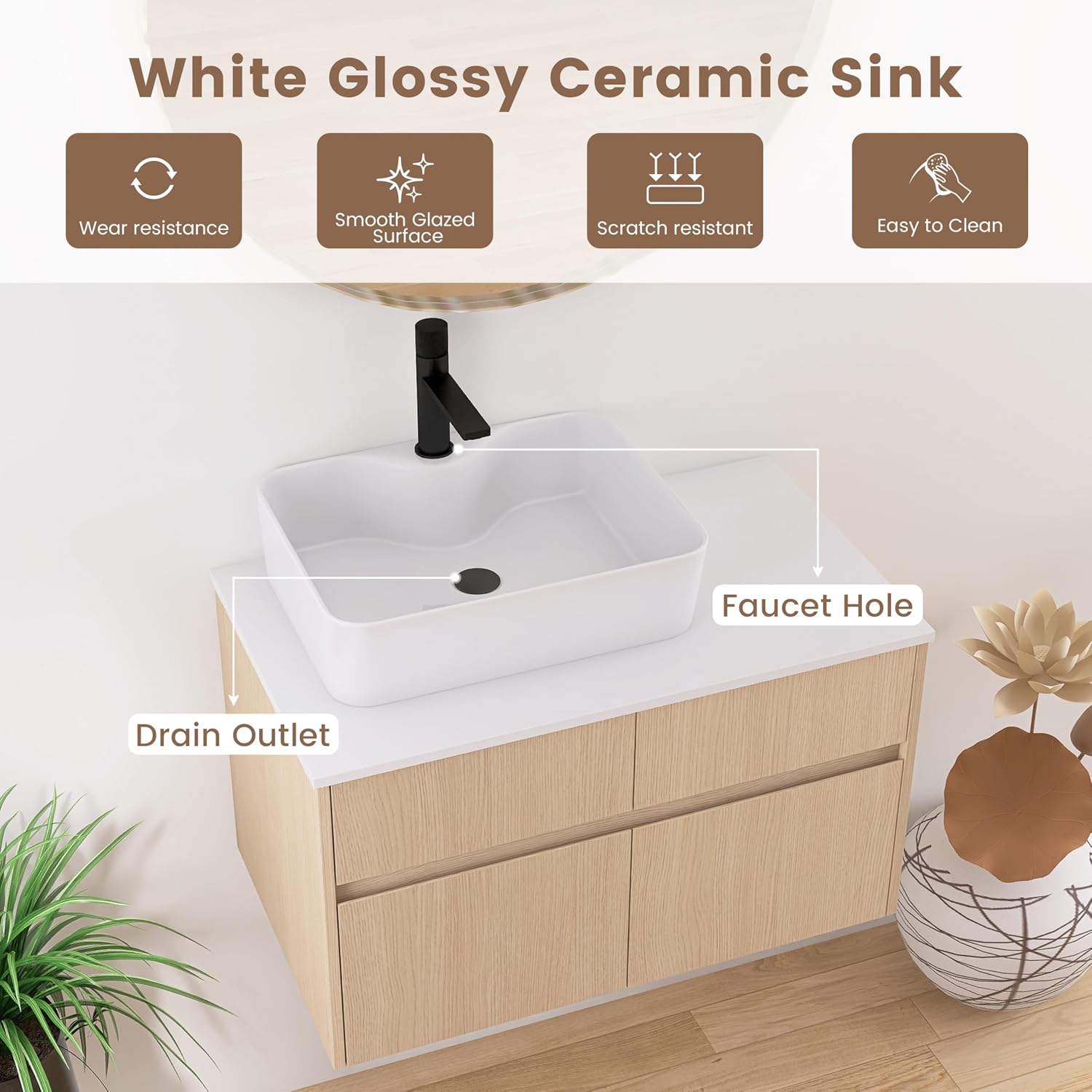 32 Inch Floating Bathroom Vanity with Sink, Modern Wall Mounted Cabinet, Ceramic Vessel Basin, 2 Soft Close Doors and 2 Drawer, White Oak