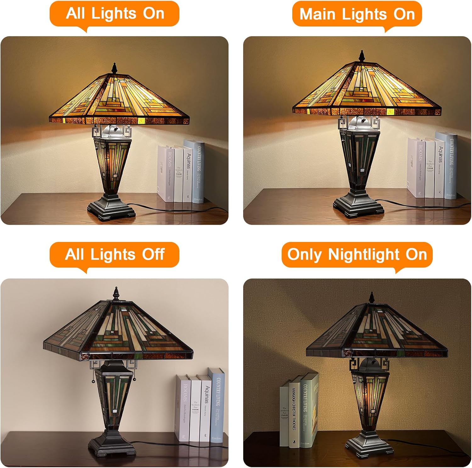 Capulina Tiffany Lamp Stained Glass Table Lamp 16X16X24 Inches Mother-Daughter Vase Amber Brown Mission Tiffany Style Desk Reading Lamp for Living Room Bedroom Study Home Office
