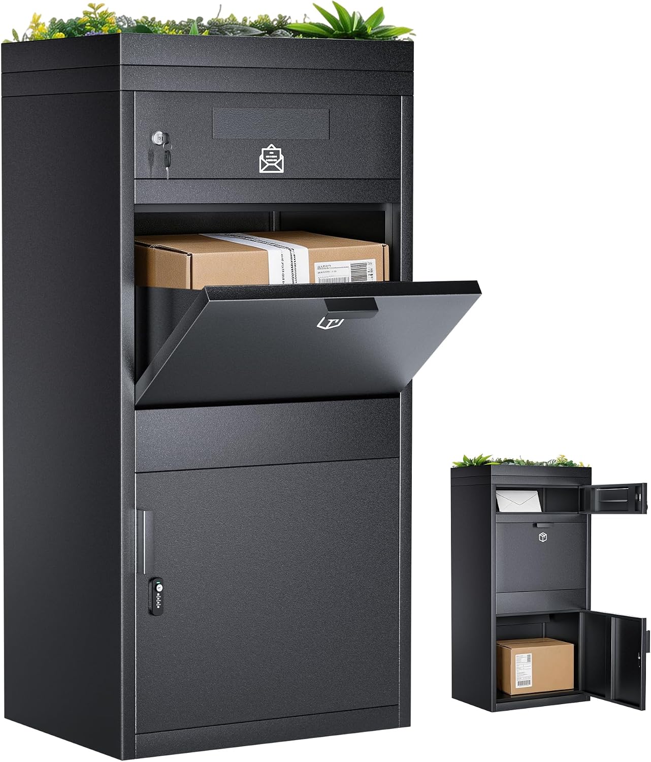 Large Parcel Delivery Box 127L Capacity, Outdoor Package Mailbox with Plant Top, Anti-Theft Letter Box with Password Lock & Key Lock for Porch Yard Home Office (XX - Large B)
