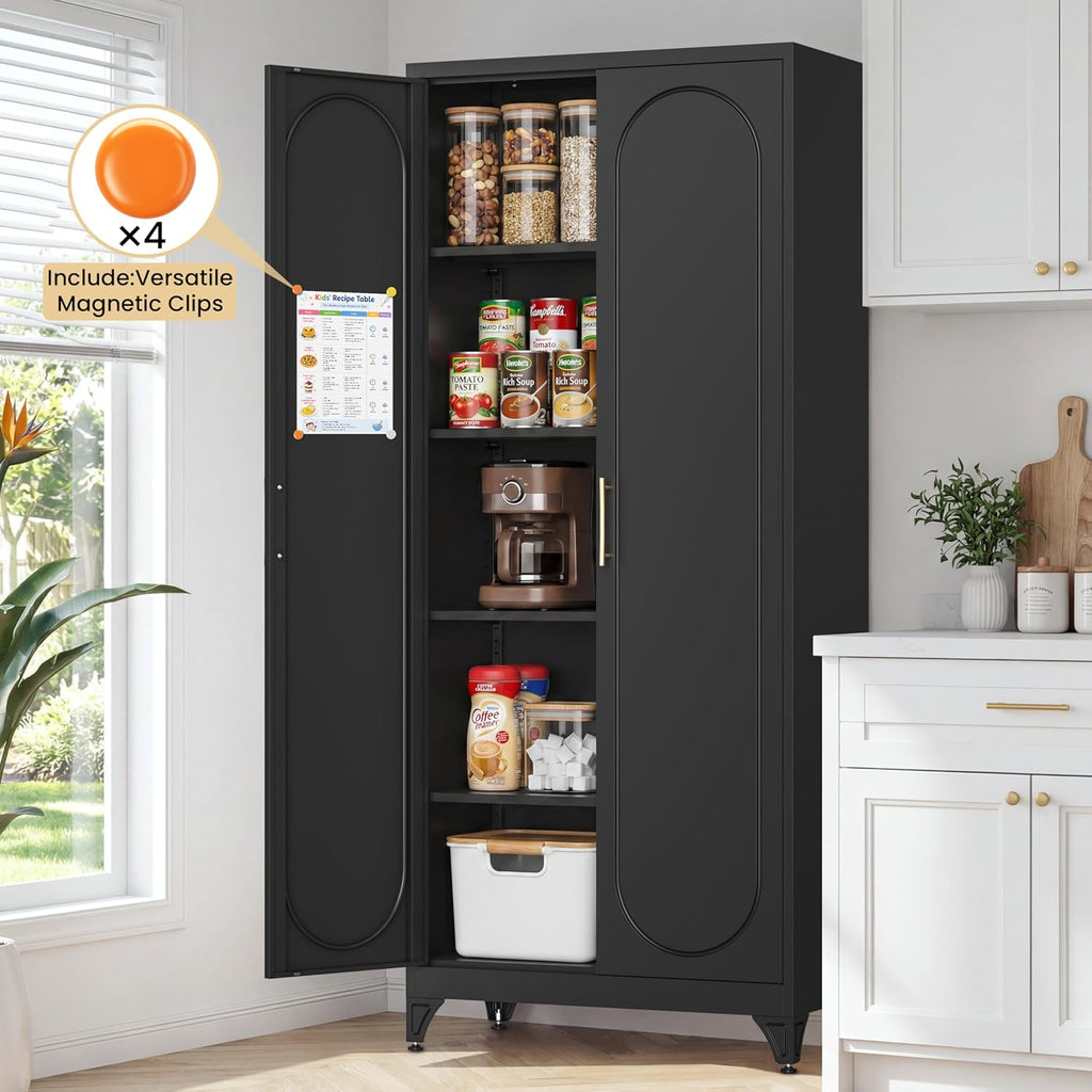 75' Tall Metal Storage Cabinet with 2 Doors and 4 Adjustable Shelves, 32'W x 16'D Heavy Duty Steel Pantry Cabinet for Kitchen, Garage, Home Office and Laundry Room, Cold-Rolled Steel, Black