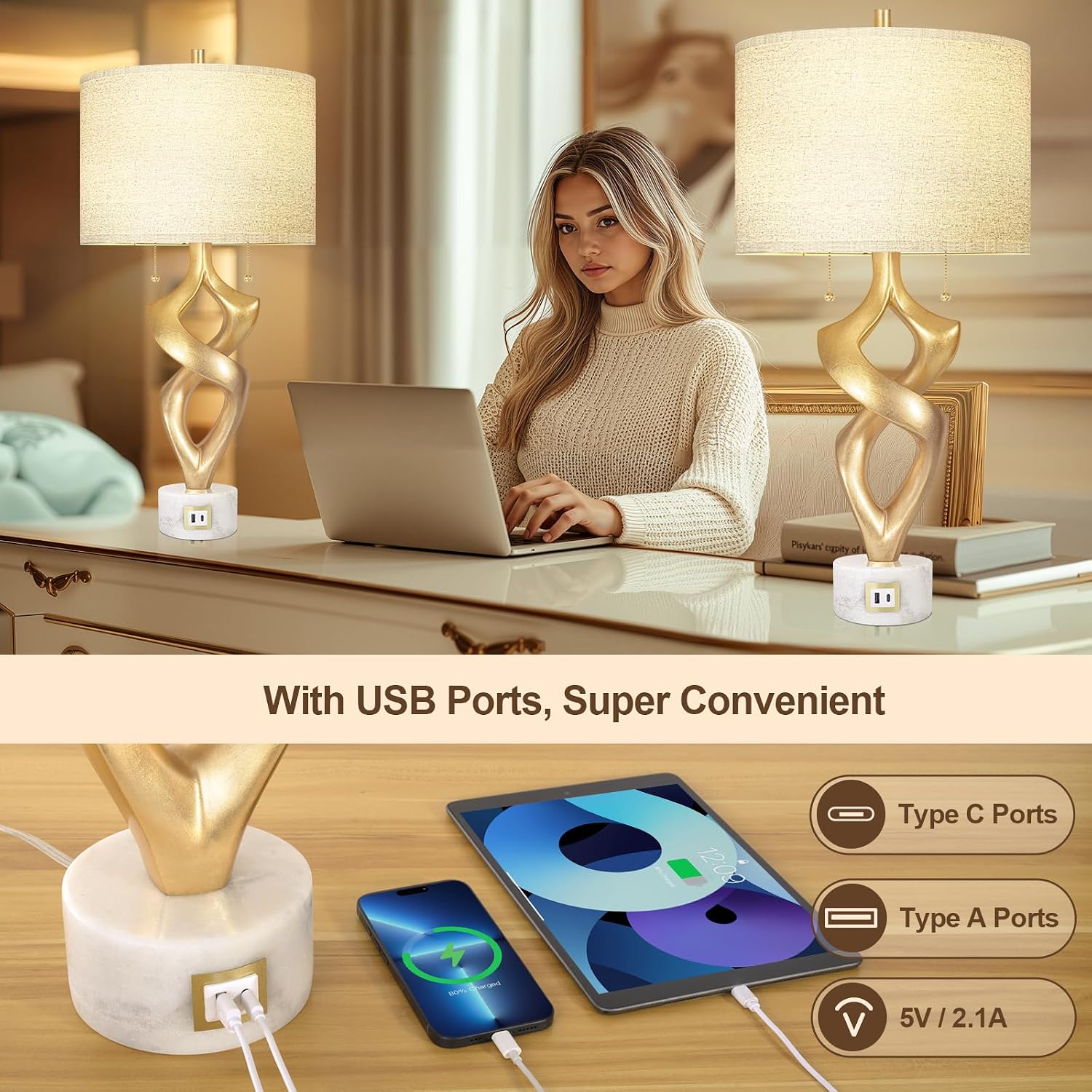 Scenekoy Sculptural Resin Table Lamp Set of 2 with USB Ports for Bedroom Living Room, 31' Big Gold Leaf Marble Base Bedside Lamps, Pull Chains Switch Modern Nightstand Lamp for Home Room Decor