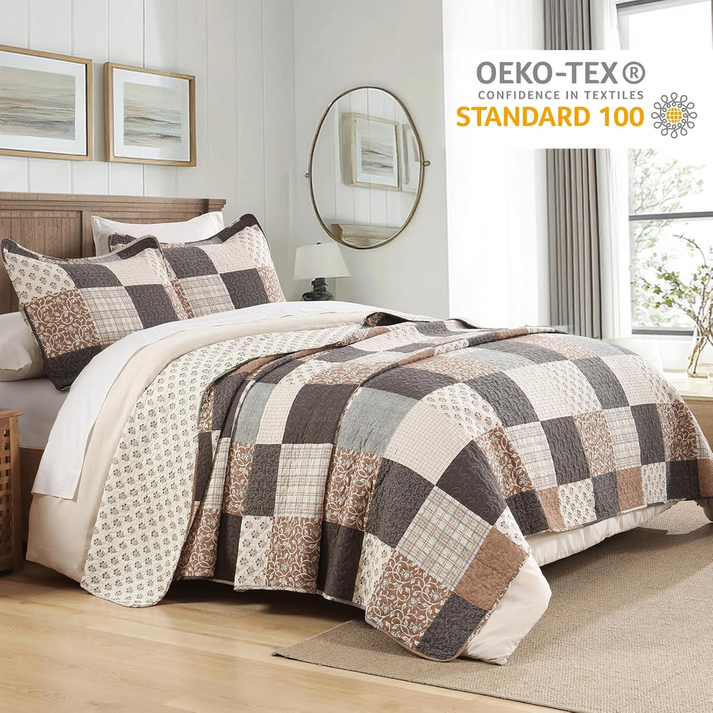 Finlonte 100% Cotton Queen Quilt Set, Farmhouse Plaid Queen Quilted Bedspread, Brown Grey Beige Lightweight Comforter Bedding Set for All Season, 3-Piece