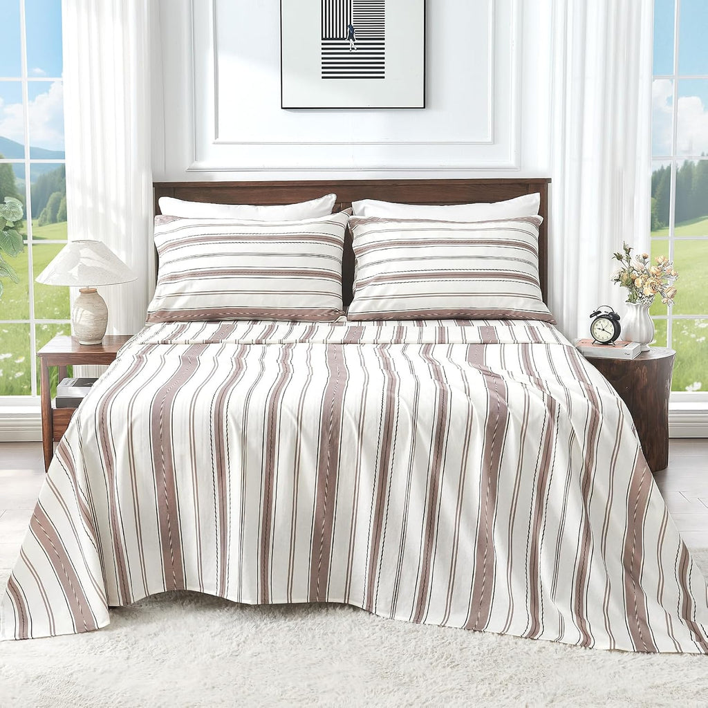 100% Linen Sheets Queen Size,Breathable & Durable 4-Piece Bed Flax Stripes Sheet Set,Soft All-Season Bedding for Hot Sleepers 16' Deep Pocket Oeko-TEX Certified,（Queen, Brown Stripes）