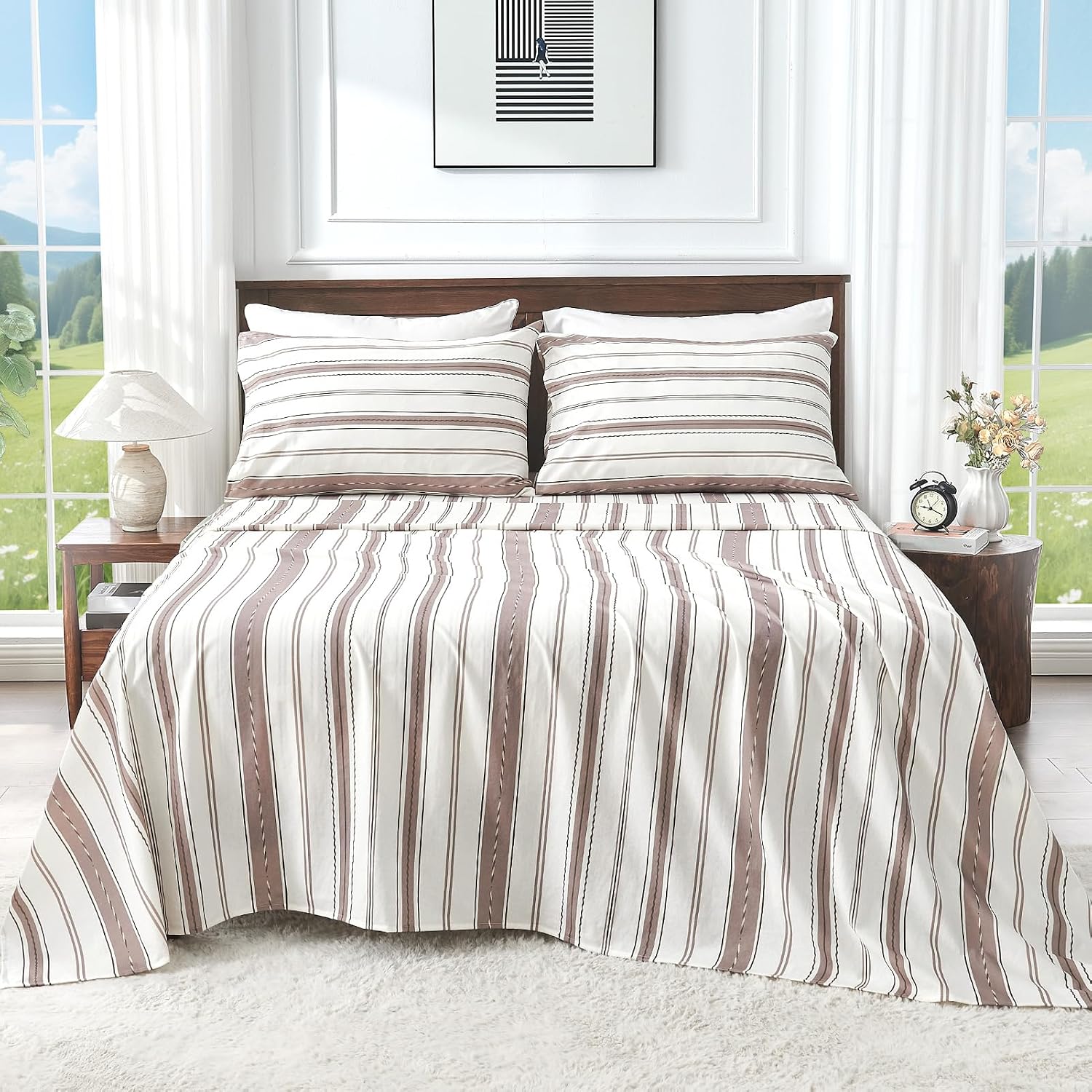100% Linen Sheets Queen Size,Breathable & Durable 4-Piece Bed Flax Stripes Sheet Set,Soft All-Season Bedding for Hot Sleepers 16' Deep Pocket Oeko-TEX Certified,（Queen, Brown Stripes）