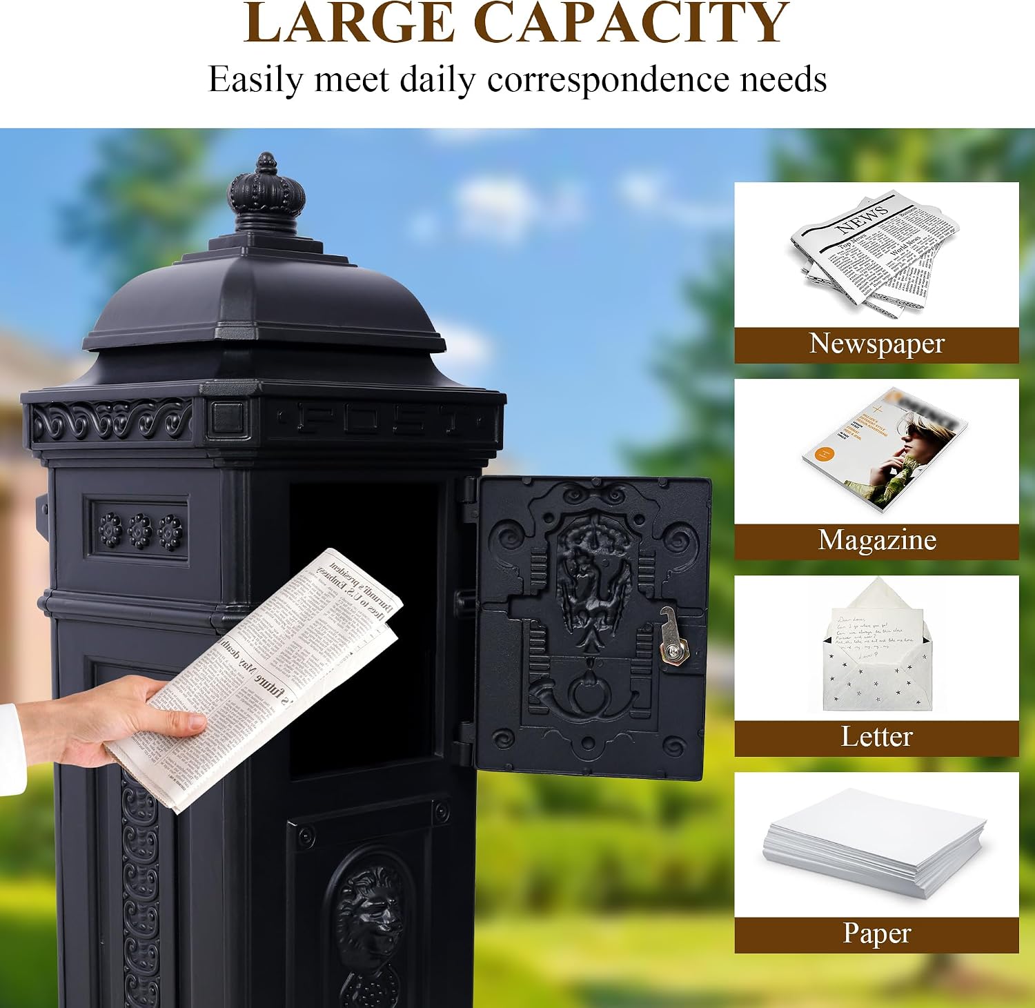 Vintage Large-Capacity Cast Aluminum Mailbox, Outdoor Weatherproof Floor Standing Postbox, Decorative Copper Finish Letter Box with Lock, Roman Column Design for Home Use (Black)