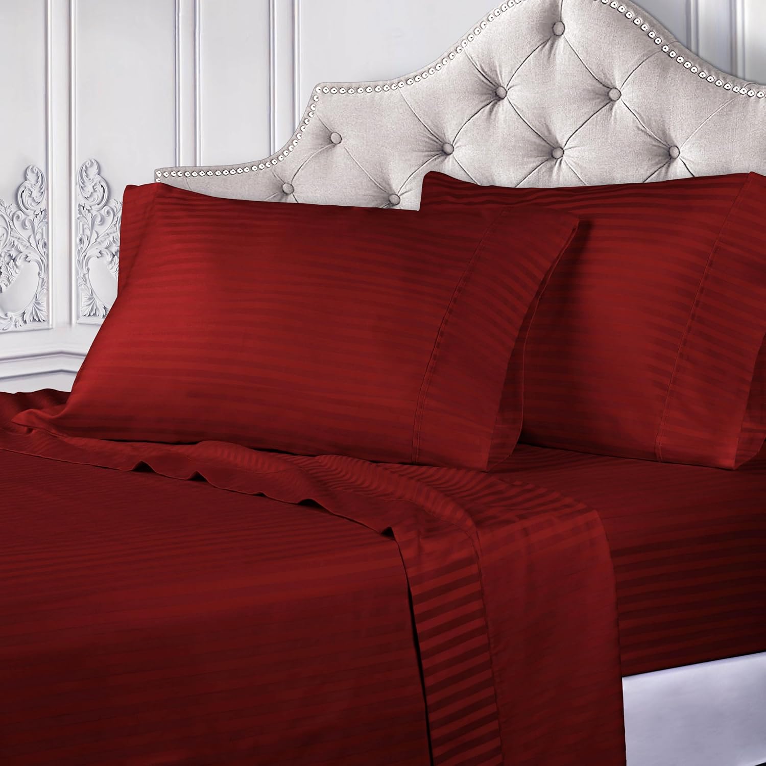 Superior Egyptian Cotton 300 Thread Count Bed Sheet Set, 2 Elastic Deep Pocket Fitted Sheets, 1 Flat Sheet, 2 Pillowcases, Daily Sheets, Luxury Home Essentials, Striped, Split King, Burgundy