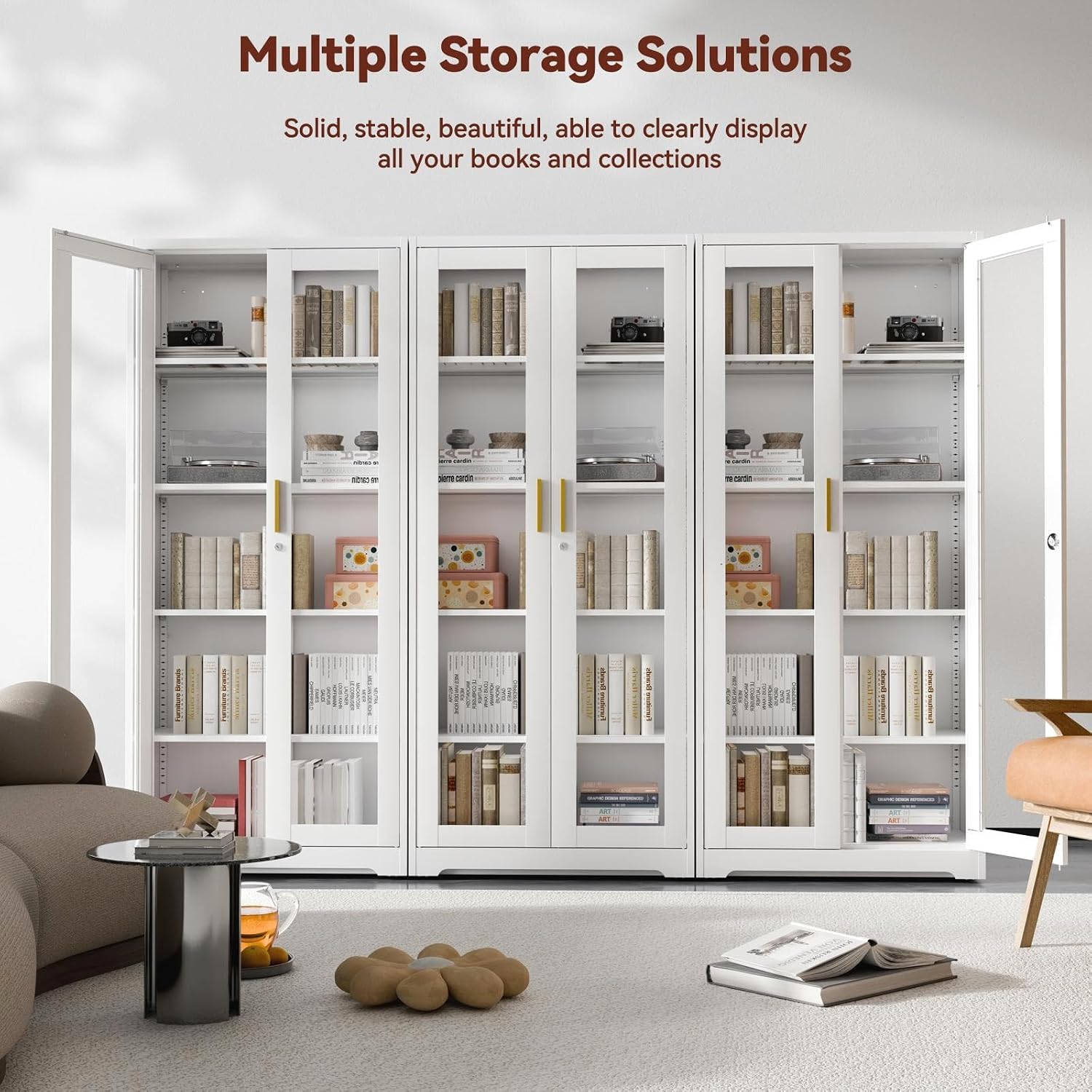Display Cabinet with Glass Doors,71' Metal Curio Cabinets with 4 Adjustable Shelves, 5 Tier Display Case for Collectibles, Metal Storage Cabinet, White