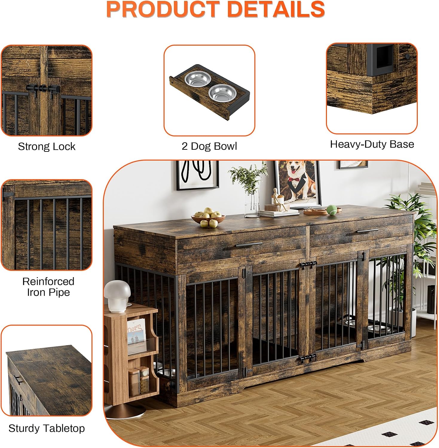 Rophefx 72' Dog Crate Furniture for 2 Dogs, Large Dog Kennel Furniture with 2 Storage Drawer and 4 Bowls, Wooden Dog Cage with Removable Divider, Indoor Dog House TV Stand for Medium Dog, Rustic Brown