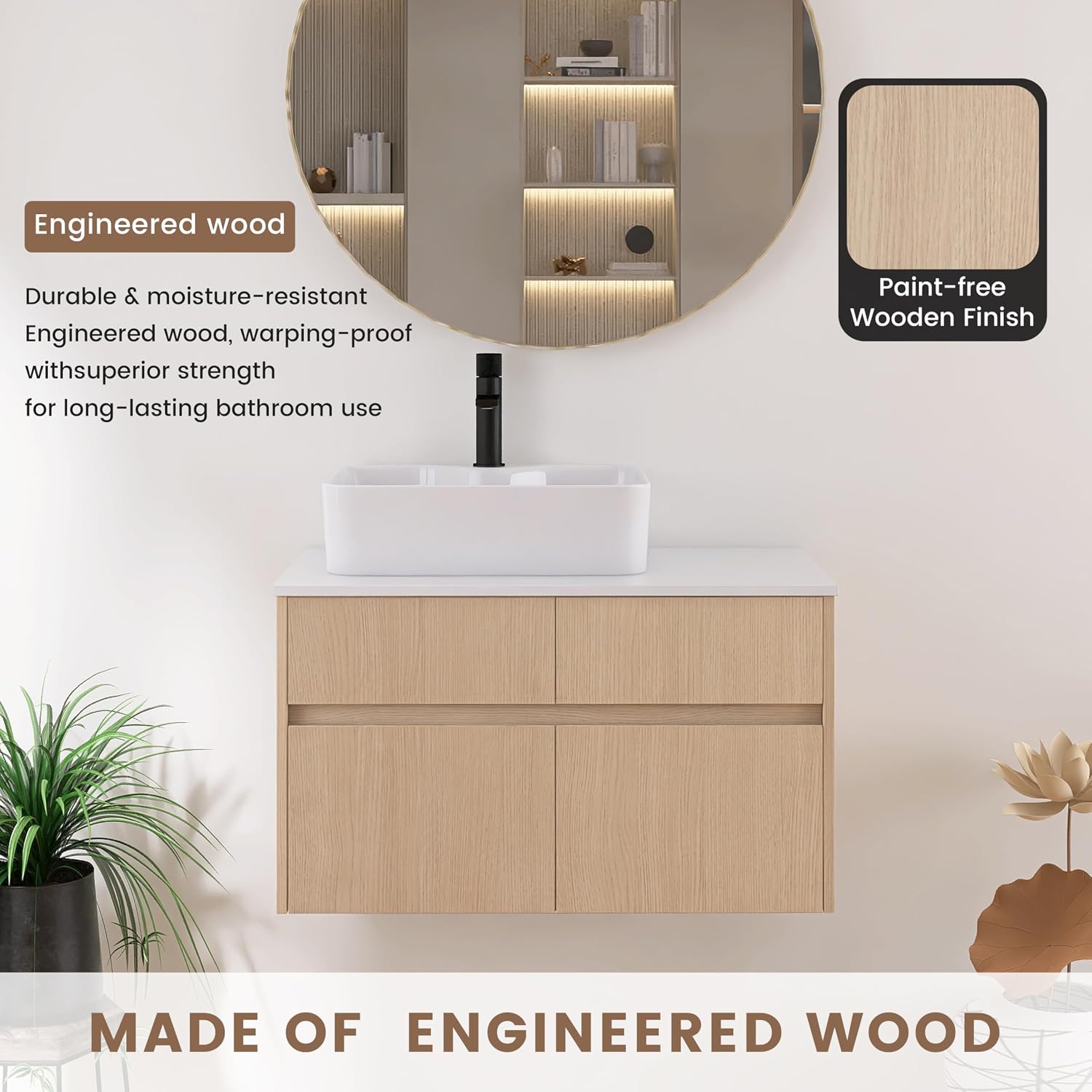 32 Inch Floating Bathroom Vanity with Sink, Modern Wall Mounted Cabinet, Ceramic Vessel Basin, 2 Soft Close Doors and 2 Drawer, White Oak