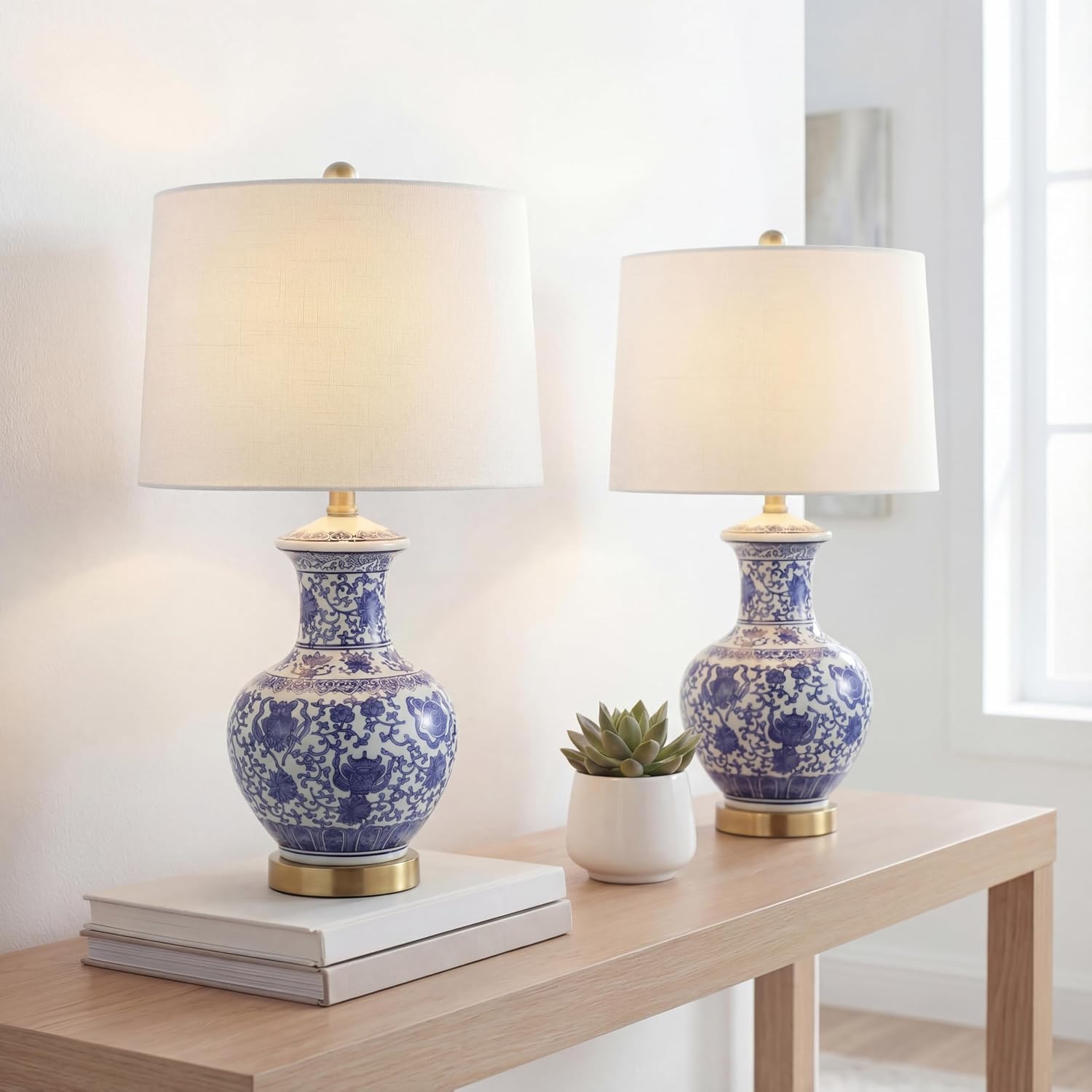 JONATHAN Y 25.25' Blue/White Ceramic Ginger Jar Table Lamp Set of 2, Traditional Brass Gold Base for Living Room Bedroom, White Linen Drum Shade, LED Bulbs Included JYL1072A-SET2