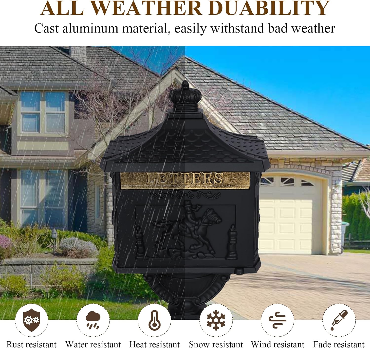 Mailbox, Heavy Duty Cast Aluminum Postal Box, Mail Box with 2 Keys for Courtyard Villa Decoration - Black