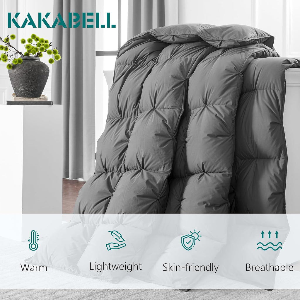 KAKABELL Pinch Pleat Goose Down Feathers Fiber Comforter King Size All Season-Ultra Soft and Cozy Noiseless Duvet Insert with Egyptian Cotton Blend Cover,Fluffy Warm Comforter Insert(Grey,90'X106')