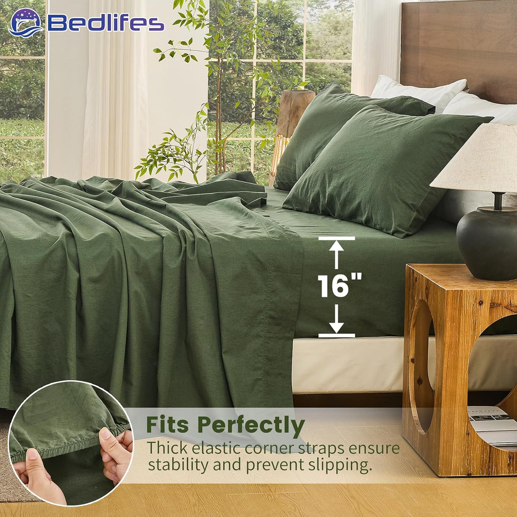 Bedlifes 100% French Pure Linen Sheets Queen Size Breathable and Cooling Flax Sheet Set Soft Durable and Moisture Wicking 16 Inch Deep Pocket-4 Piece(Queen,Forest Green)