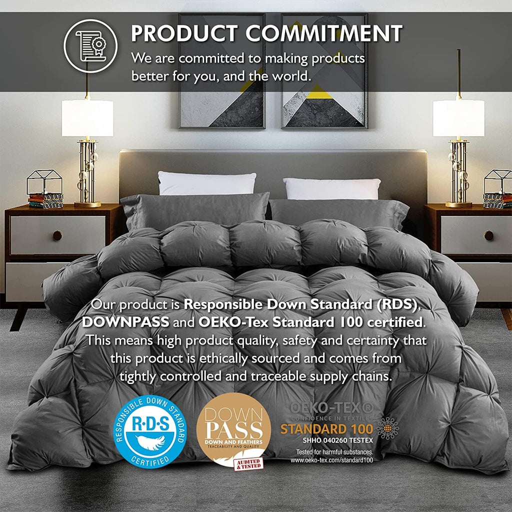 Luxurious Full/Queen Goose Down Comforter, Unique Gray Pinch Pleat, 600 Thread Count, 100% Egyptian Cotton Cover, 70 Oz Fill Weight, 750 Fill Power