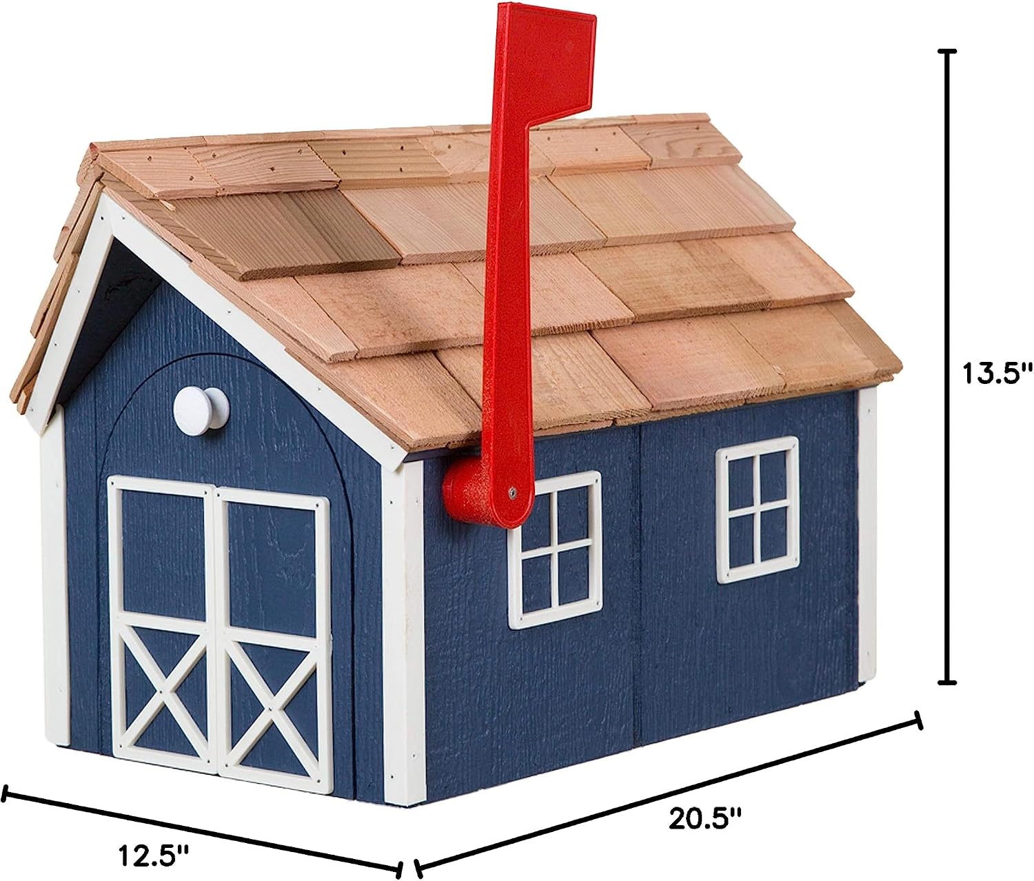 Amish Cedar Roof Wooden Mailbox with Window & Door Trim (Navy with White Trim)