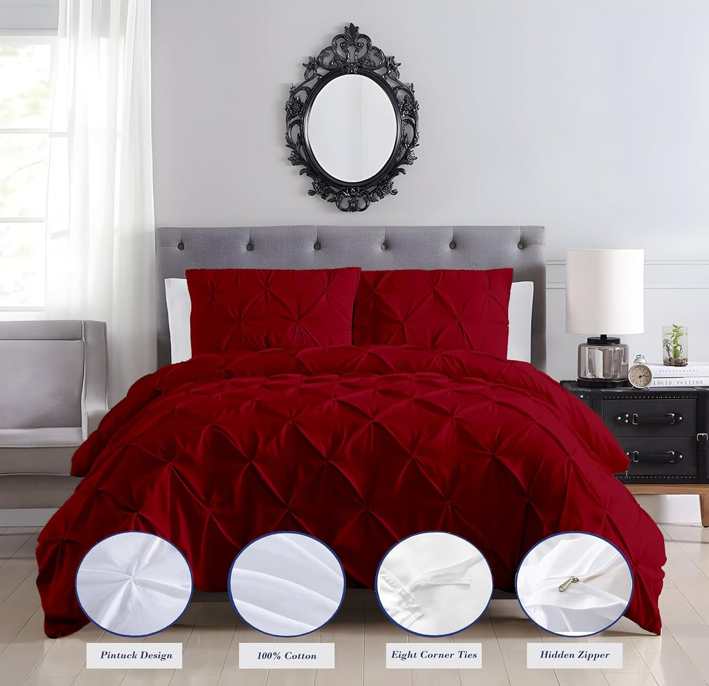 Pinch Duvet Cover Set Oversized Queen Size 1 Duvet Cover with 2 Pillow Shams 3-Pc Comforter Cover with Zipper Closure & Corner Tie 100% Egyptian Cotton Cover (98x98 Inch, Burgundy)