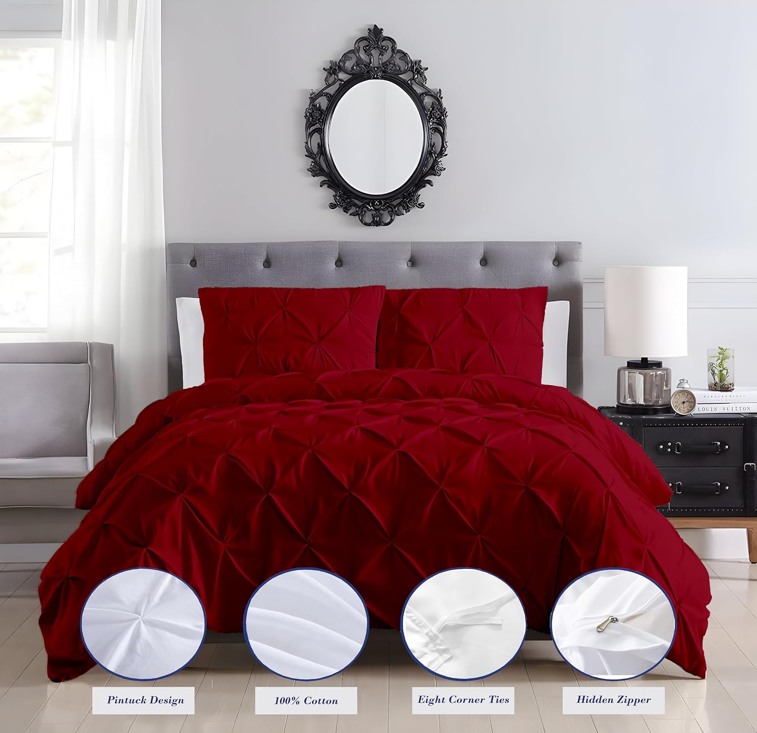 Pinch Duvet Cover Set Oversized Queen Size 1 Duvet Cover with 2 Pillow Shams 3-Pc Comforter Cover with Zipper Closure & Corner Tie 100% Egyptian Cotton Cover (98x98 Inch, Burgundy)