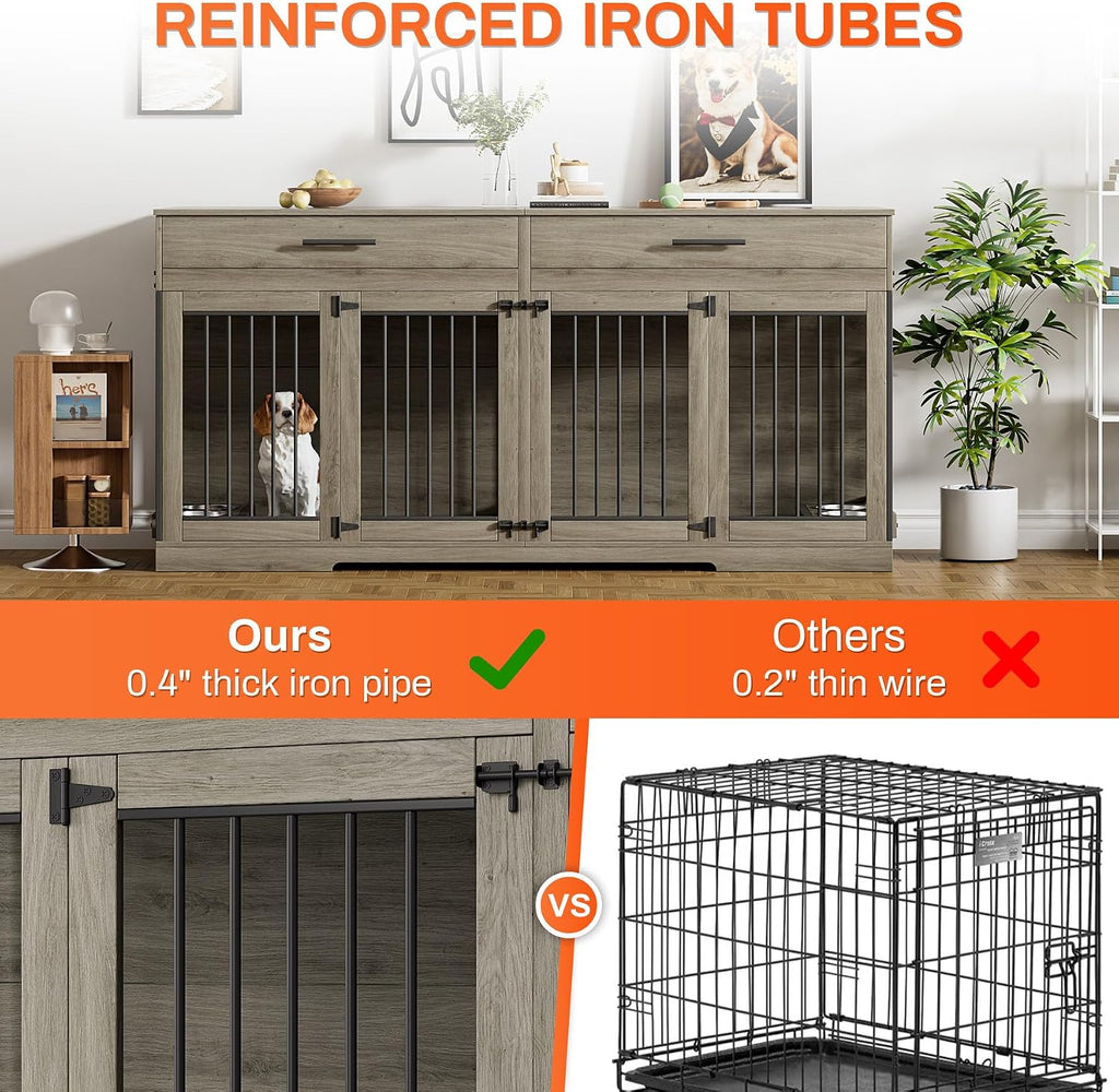 Rophefx 72' Dog Crate Furniture for 2 Dogs, Large Double Dog Kennel Indoor Furniture with 2 Storage Drawers and Removable Divider, Wooden Dog Cage with 4 Bowls, Dog House TV Stand for Medium Dog, Grey