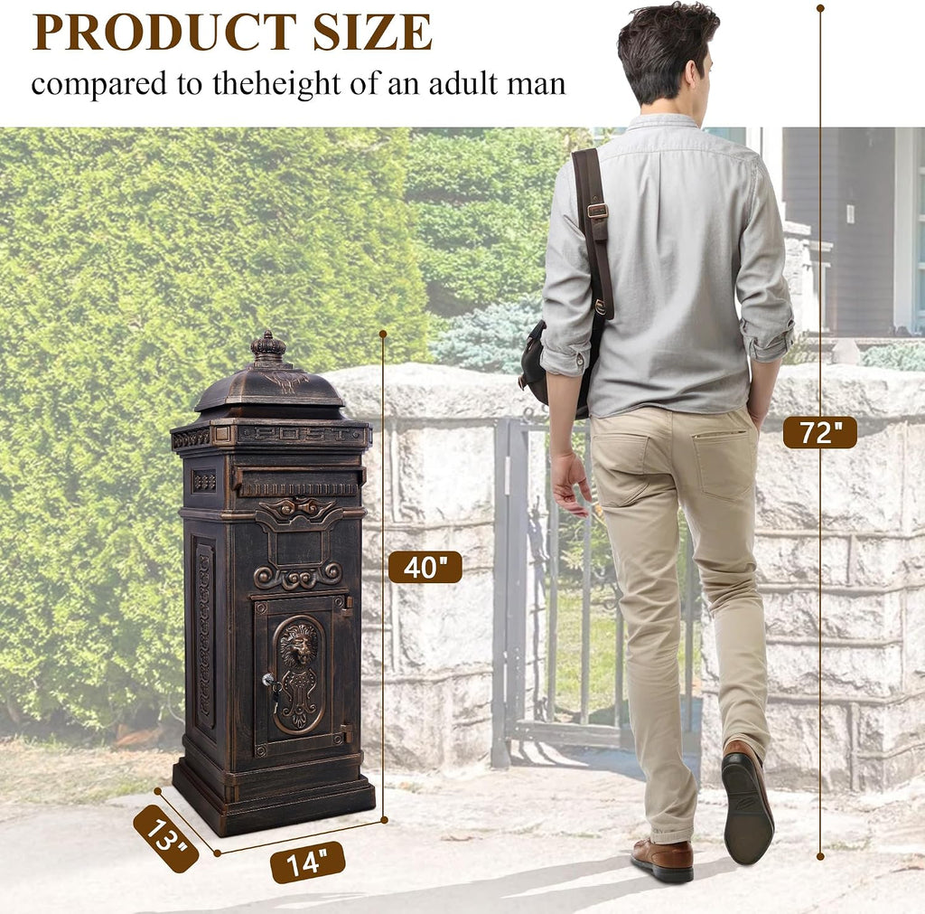 Vintage Large-Capacity Cast Aluminum Mailbox, Outdoor Weatherproof Floor Standing Postbox, Decorative Copper Finish Letter Box with Lock, Roman Column Design for Home Use (Bronze)