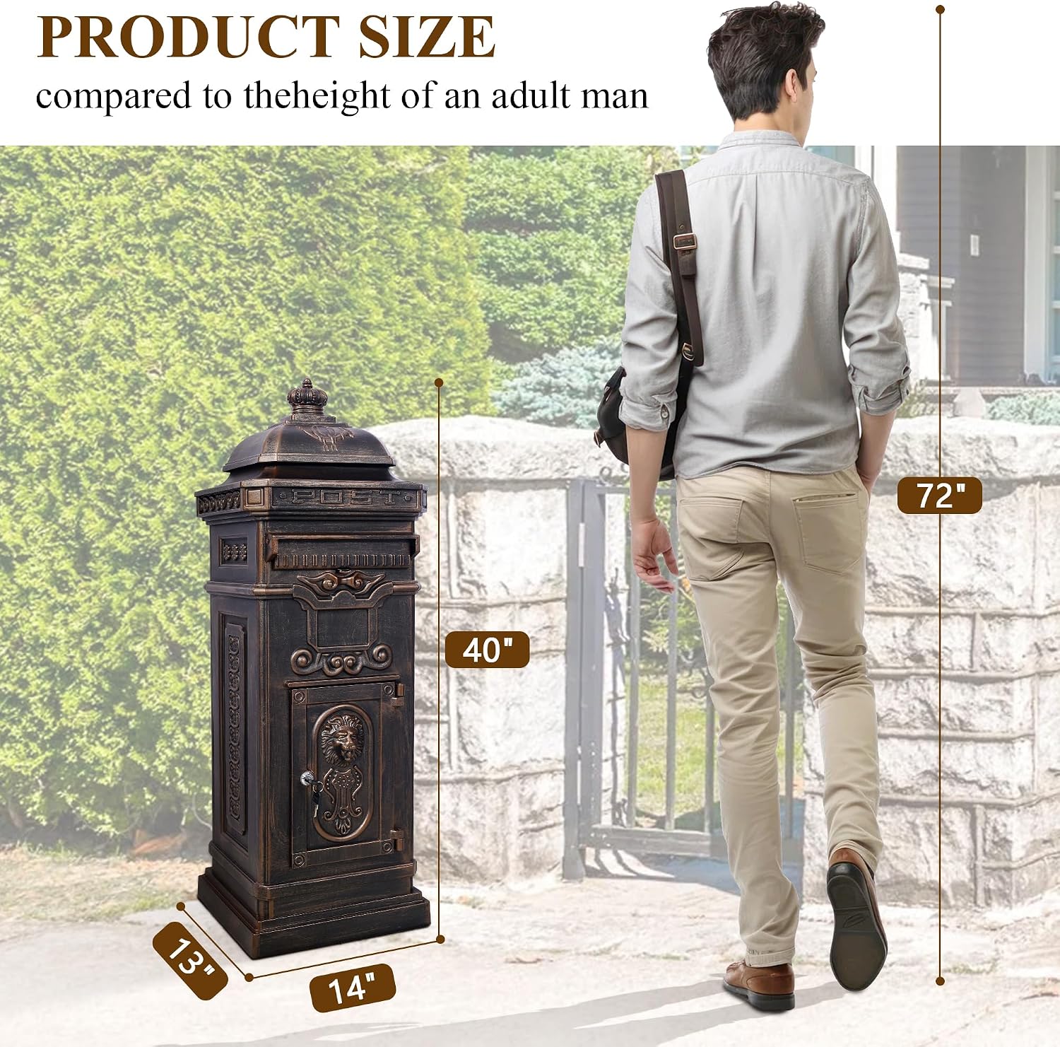Vintage Large-Capacity Cast Aluminum Mailbox, Outdoor Weatherproof Floor Standing Postbox, Decorative Copper Finish Letter Box with Lock, Roman Column Design for Home Use (Bronze)