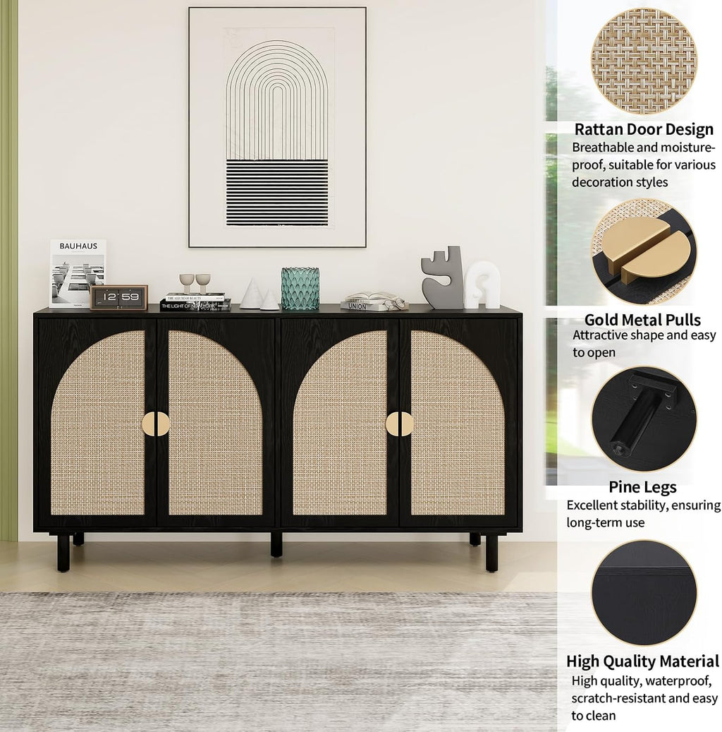 Black 4-Door Rattan Buffet Cabinet-Sideboard Buffet Cabinet with Storage, Accent Sideboard Cabinets-Wood Credenza with Cane Door, Boho Style Console Table for Dining Room & Living Room