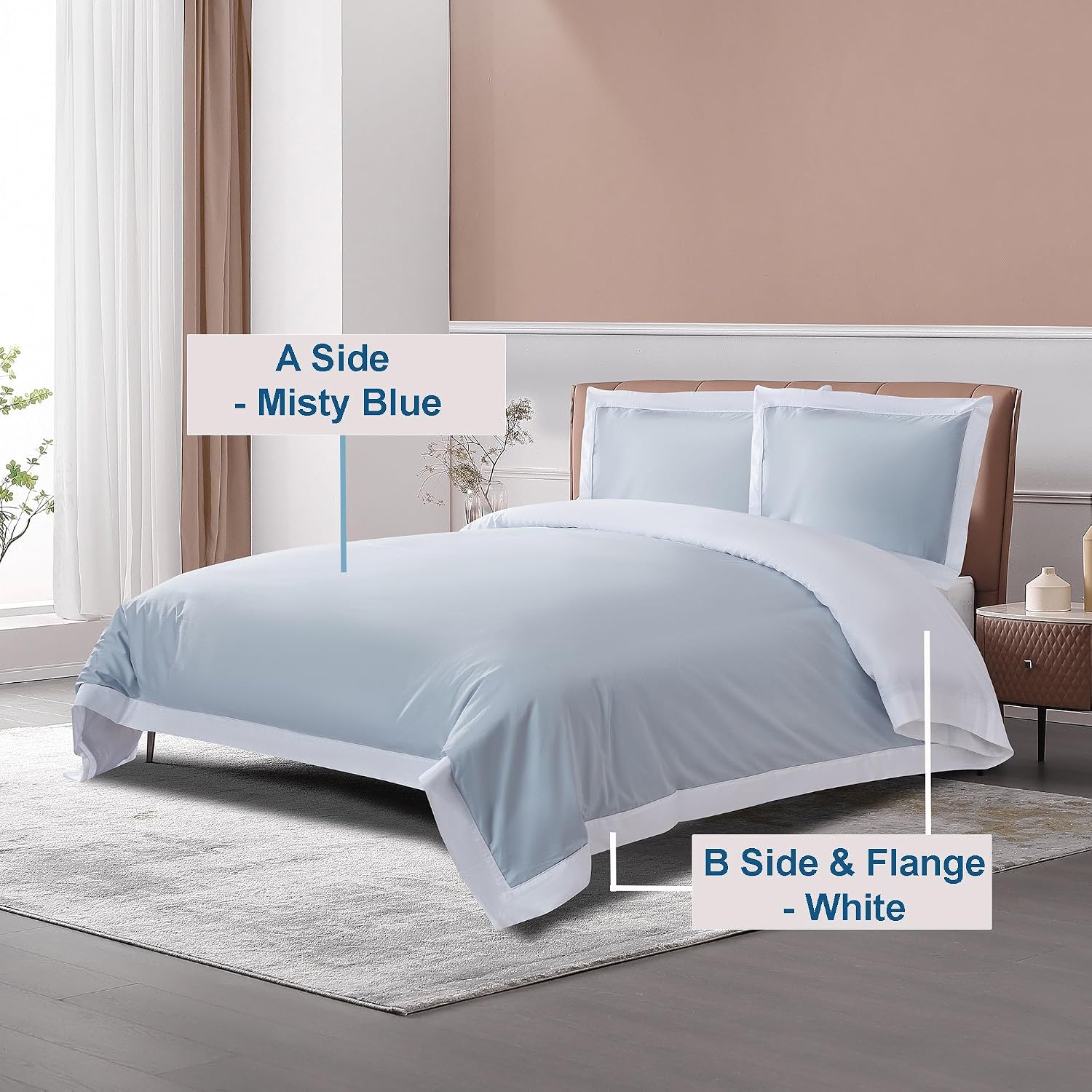 THE COTTON & SILK®️ 100% Luxury Long-Staple Cotton Duvet Cover Set - Soft & Breathable - Include 1 Duvet Cover with Corner Ties & Hidden Zipper, 2 Pillow Shams - Misty Blue + White, Queen Size