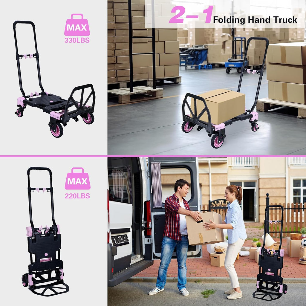 JJSMKCH 2 in 1 Folding Hand Truck,330LB Capacity Hand Truck Foldable,Dolly Cart with Wheels and 3-Speed Adjustable Handle,Portable Hand Cart,Collapsible Dolly for Moving (Pink)