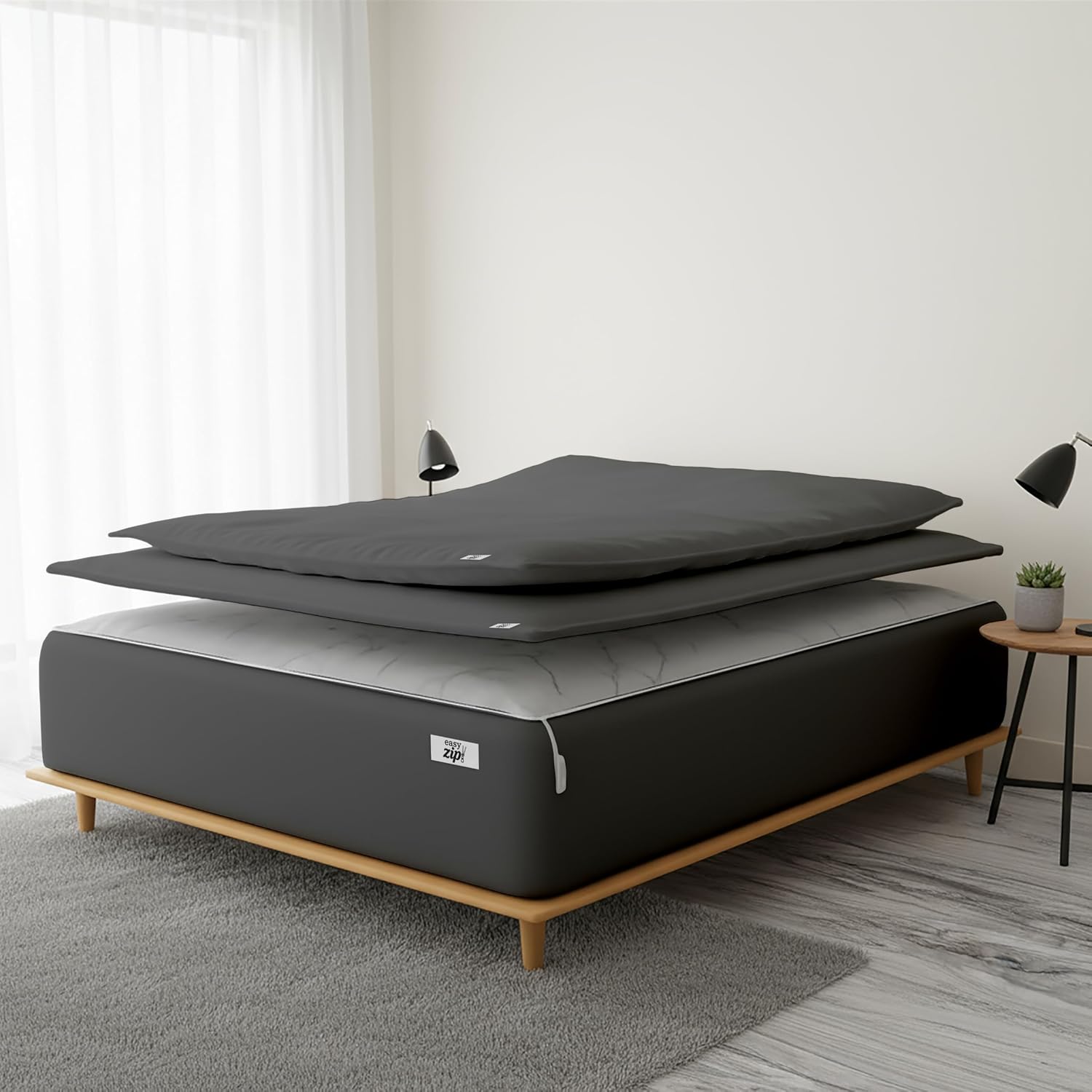 COTTON STICH 600 TC Zipper Fitted Sheet, 100% Egyptian Cotton, 18' Deep Pocket, Easy Zip Change, All-Around Secure Fit - Queen Size Bed - Dark Grey