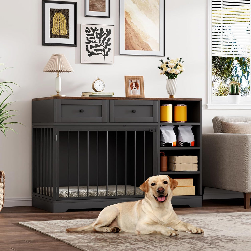 GAOMON Wooden Dog Crate Furniture with 2 Drawers and 4 Open Shelves, Multi-Functional Pet Kennel & TV Stand with Storage for Indoor Use, Black