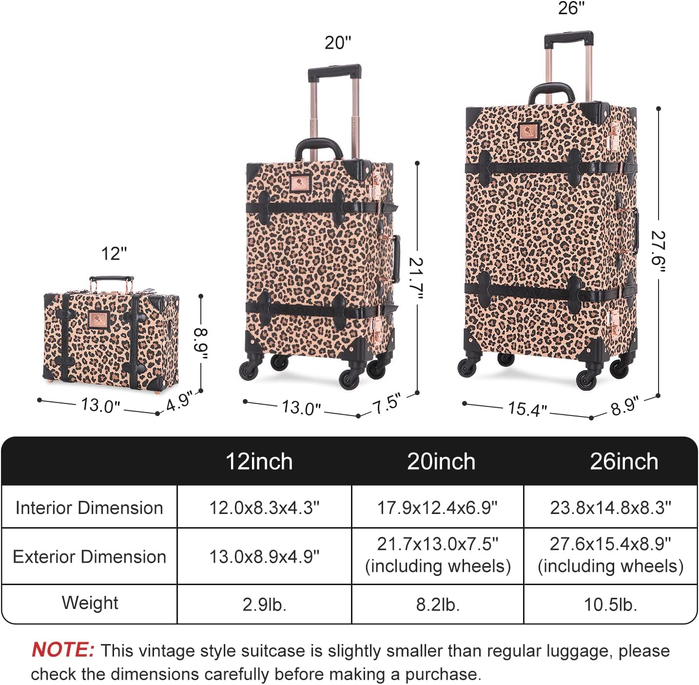 Unitravel 2 Piece Vintage Suitcase Set, 26' Women Cute Travel Luggage with 12' Handbag, Hardside Faux Leather Spinner Trunk with TSA Lock (Leopard)
