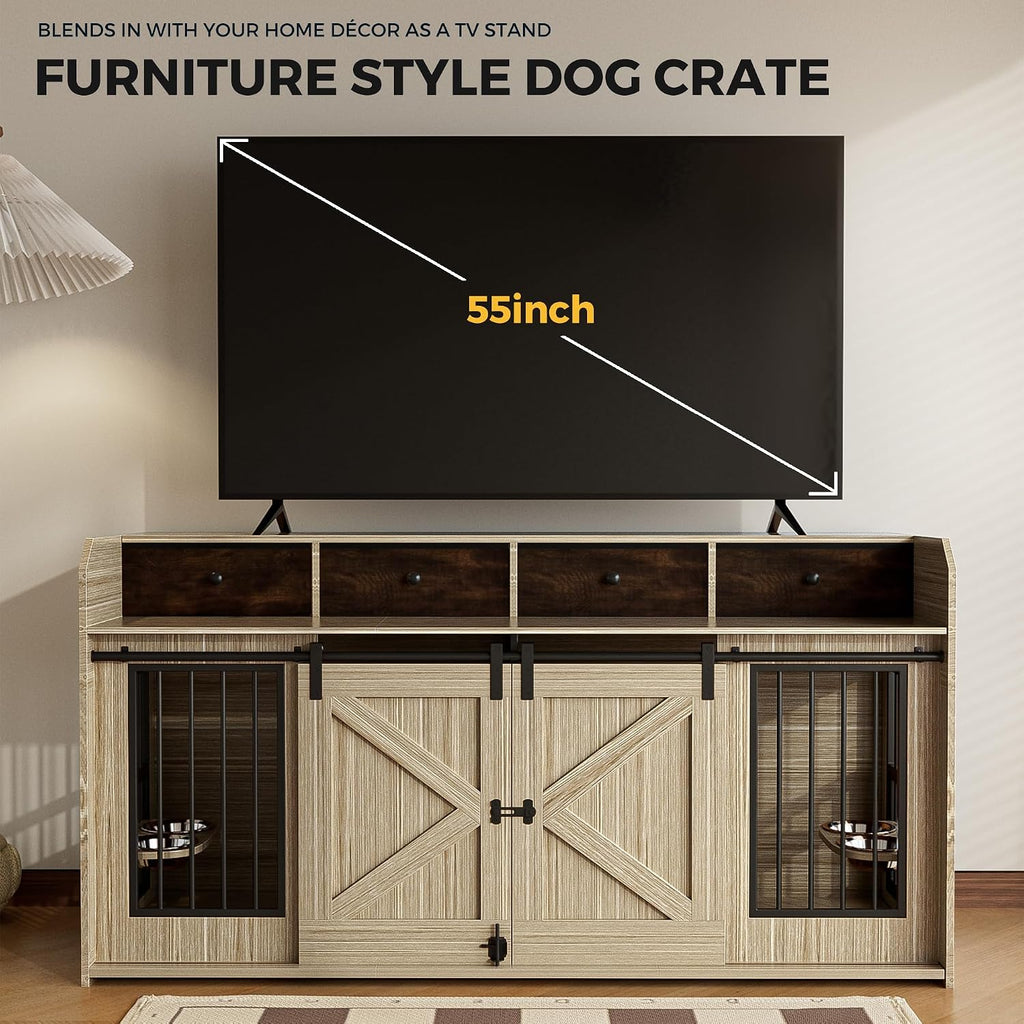 63' Double Dog Crate Furniture – Wooden Dog Kennel Indoor with Sliding Doors, Adjustable Bowls & Storage Drawers – Large Dog Crate TV Stand for 2 Dogs, Beige Wood Grain