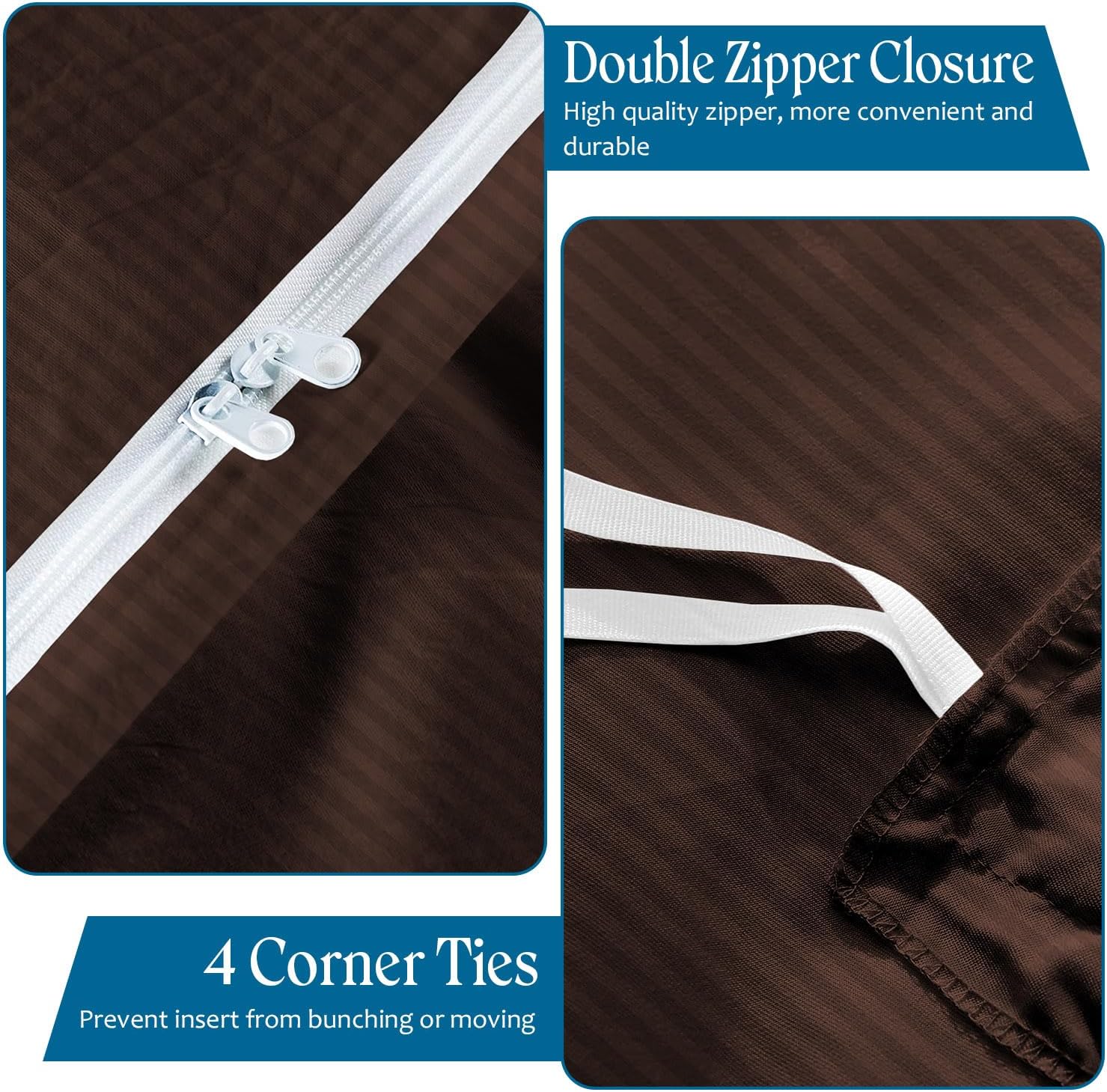 800TC 3 Sided Zipper Duvet Cover Set Soft Egyptian Cotton 3 Sided Zipper Closure, 3 PCS 1-Duvet Cover & 2- Pillow Shams - Oversize Queen Size (98' x 98') Inches, (Chocolate Stripe)