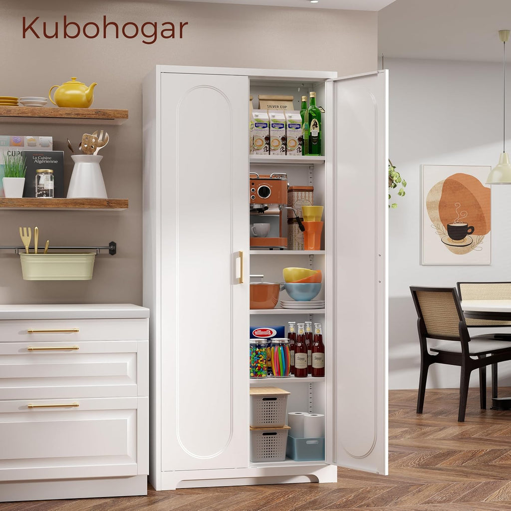 71' White Pantry Cabinet with Doors, Tall Metal Kitchen Pantry Storage Cabinet with 4 Adjustable Shelves and Gold Handles, Cupboard for Laundry, Dining Room, Living Room, Bathroom