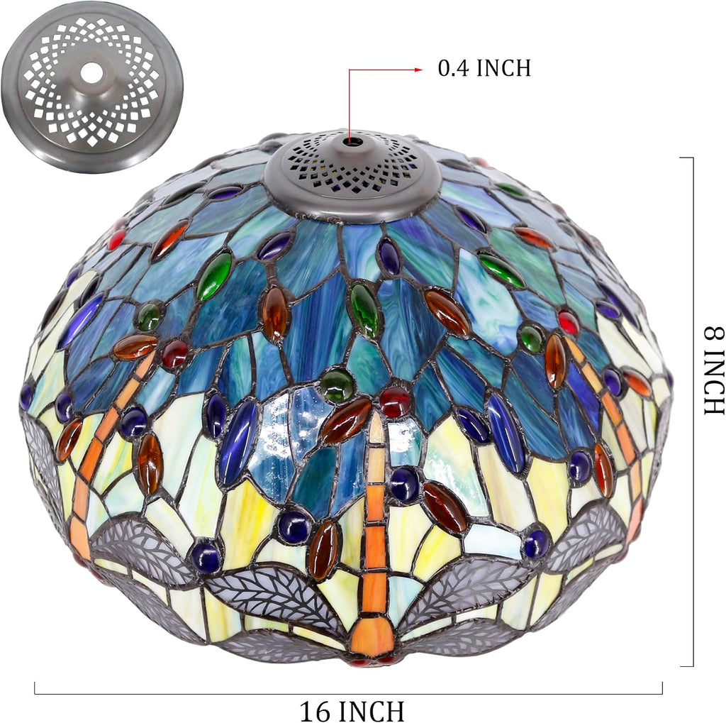 Large Tiffany Lamp Shade Replacement Only 16Inch Stained Glass Lampshade Fit For Table Lamps FLoor Lamp Ceiling Fixture Pendant Hanging Light Home Office Decoration (Blue Yellow Dragonfly)