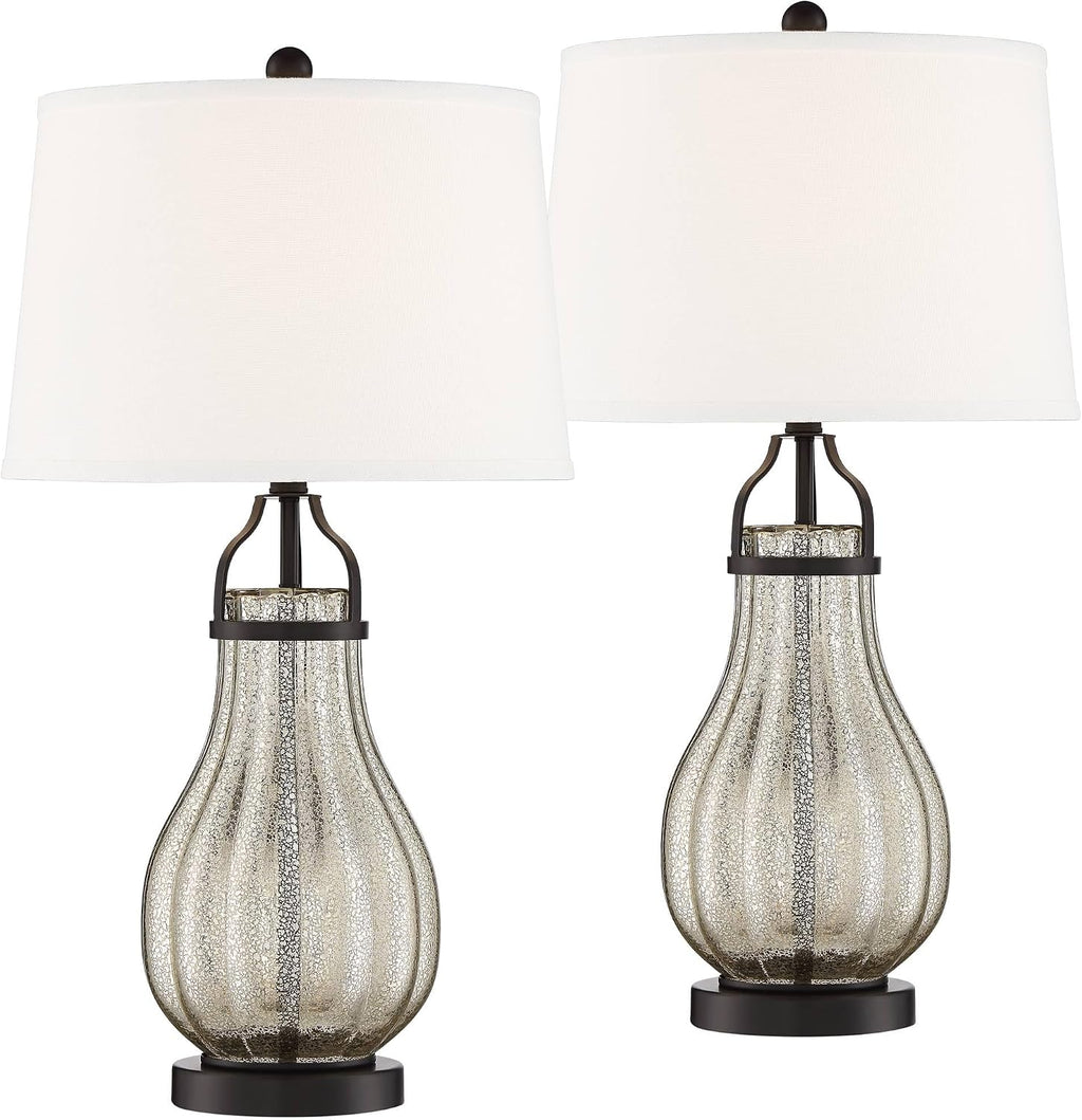 Franklin Iron Works Arian 27 1/2' Tall Modern Table Lamps Set of 2 Oil Rubbed Bronze Finish Metal Mercury Glass White Shade Living Room Bedroom Bedside Nightstand House Office Home Reading