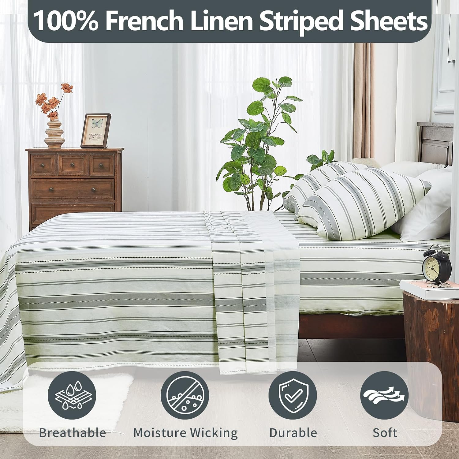 100% Linen Sheets Queen Size,Breathable & Durable 4-Piece Bed Flax Stripes Sheet Set,Soft All-Season Bedding for Hot Sleepers 16' Deep Pocket Oeko-TEX Certified,（Queen, Grey Stripes）