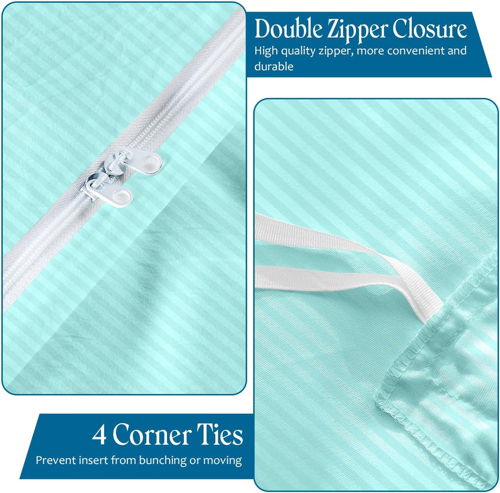 800TC 3 Sided Zipper Duvet Cover Set Soft Egyptian Cotton 3 Sided Zipper Closure, 3 PCS 1-Duvet Cover & 2- Pillow Shams - Oversize Queen Size (98' x 98') Inches, (Aqua Blue Stripe)